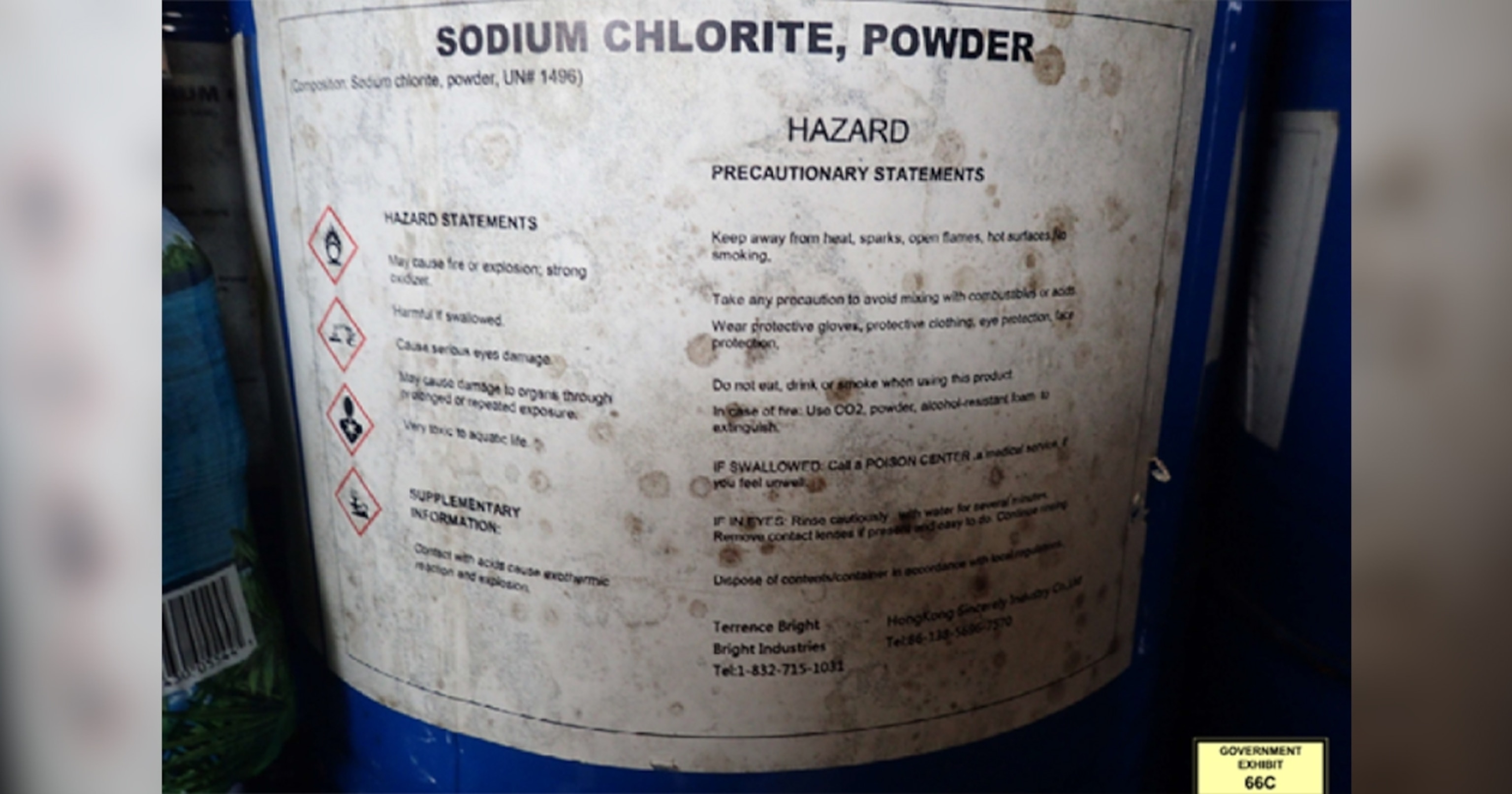 PHOTO: Federal prosecutors released this photo of a blue chemical drum containing sodium chlorite powder that was shown during the trial of Jonathan and Jordan Grenon.