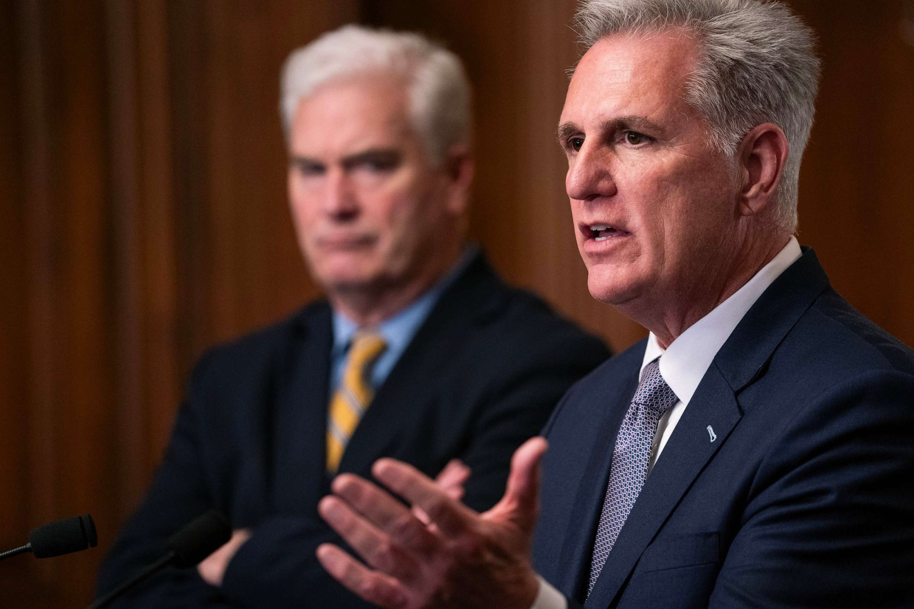 PHOTO: House Speaker Kevin McCarthy speaks with members of the media alongside Majority Whip Rep. Tom Emmer following passage in the House of a 45-day continuing resolution, Sept. 30, 2023 in Washington, DC.