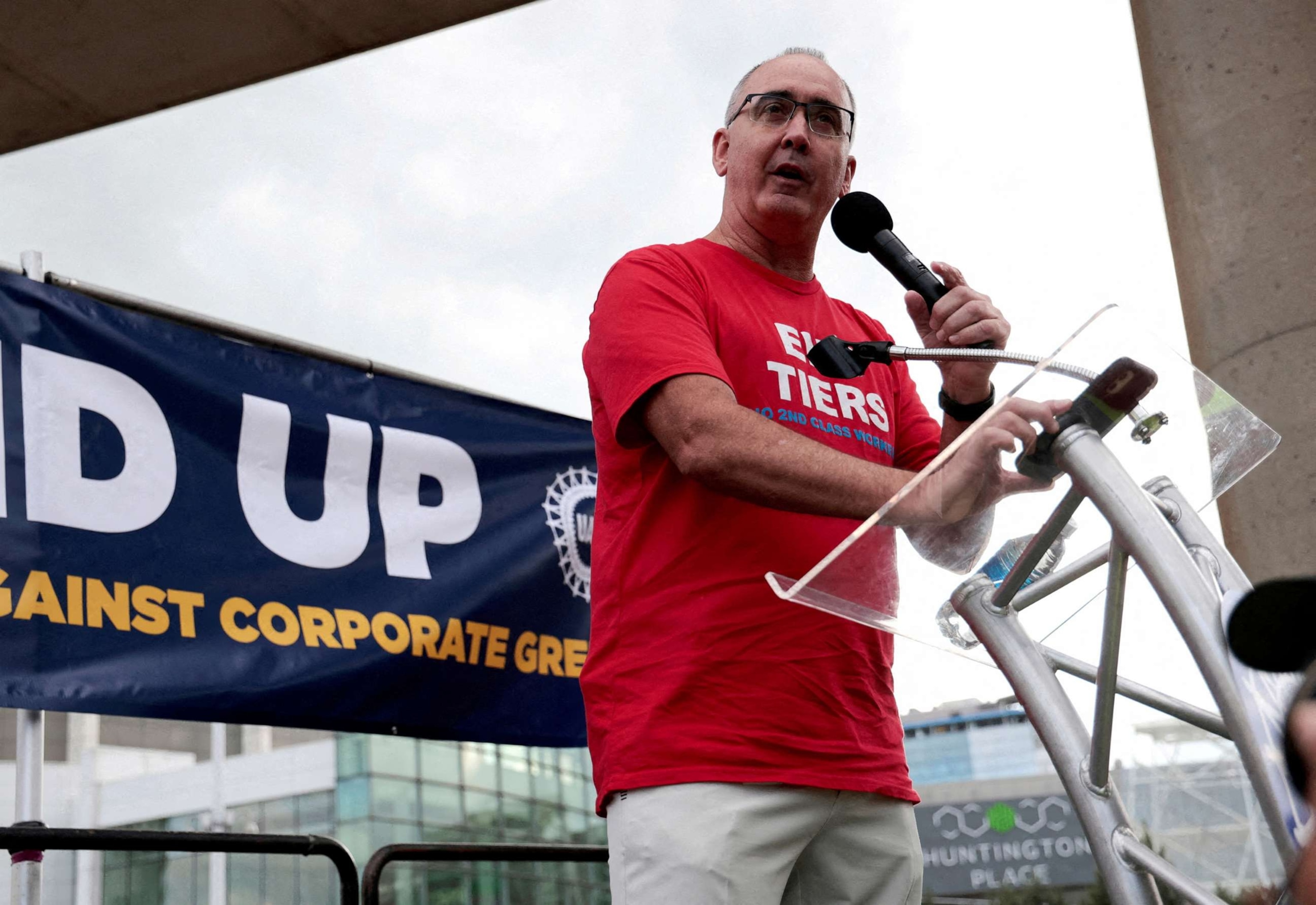 PHOTO: United Auto Workers President Shawn Fain addresses the audience during a rally in support of striking UAW members in Detroit, Sept. 15, 2023.