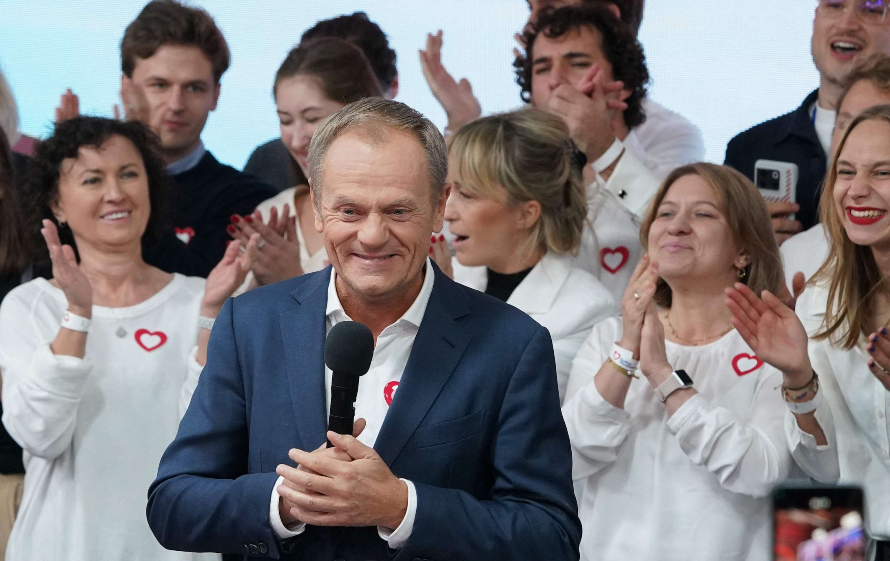PHOTO: Poland's main opposition leader, former premier and head of the centrist Civic Coalition bloc, Donald Tusk addresses supporters at the party's headquarters in Warsaw, Poland on Oct. 15, 2023.