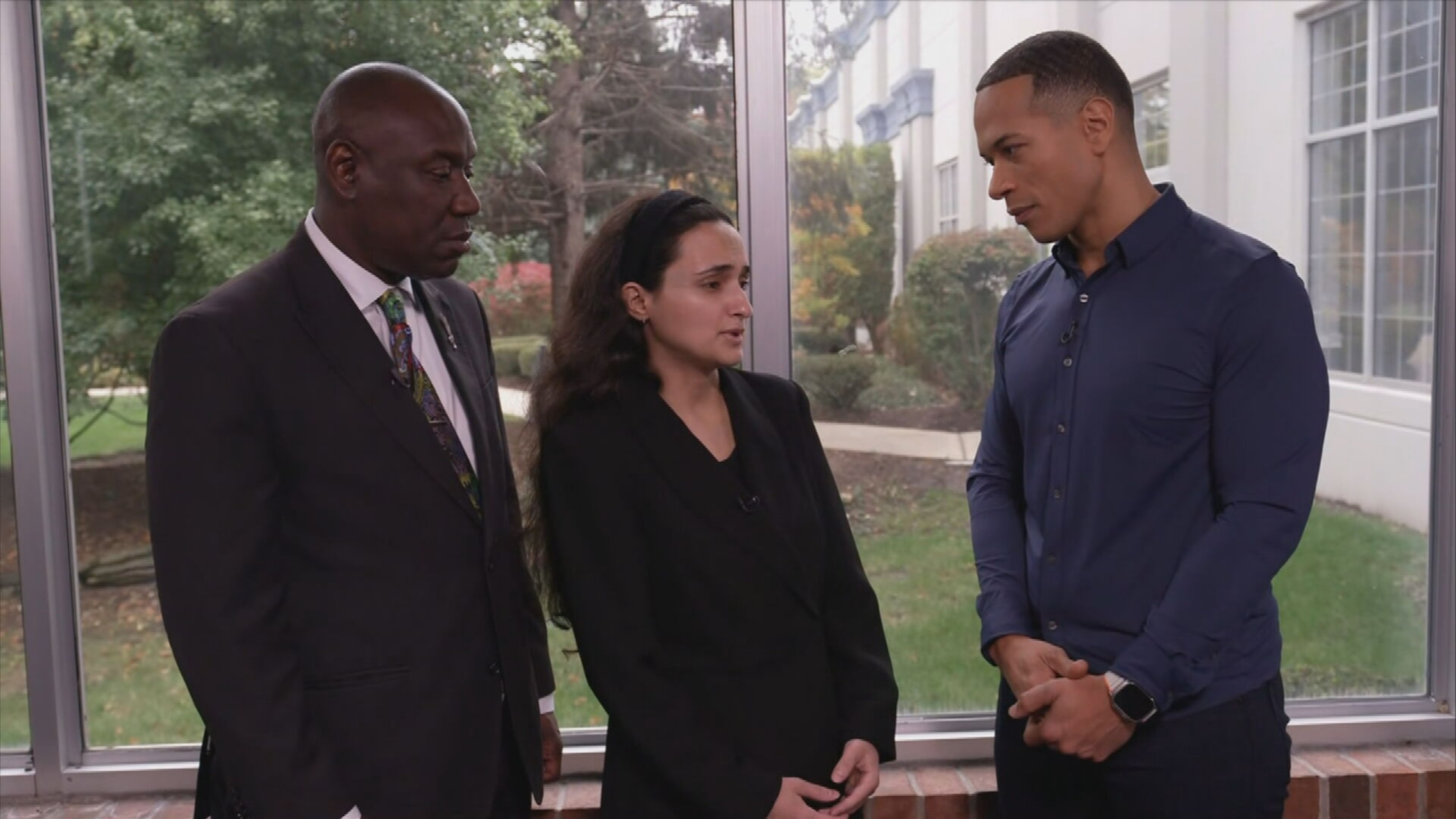 PHOTO: Hanan Shaheen, center, and her attorney Ben Crump, left, speak with ABC's Alex Perez, Oct. 25, 2023.