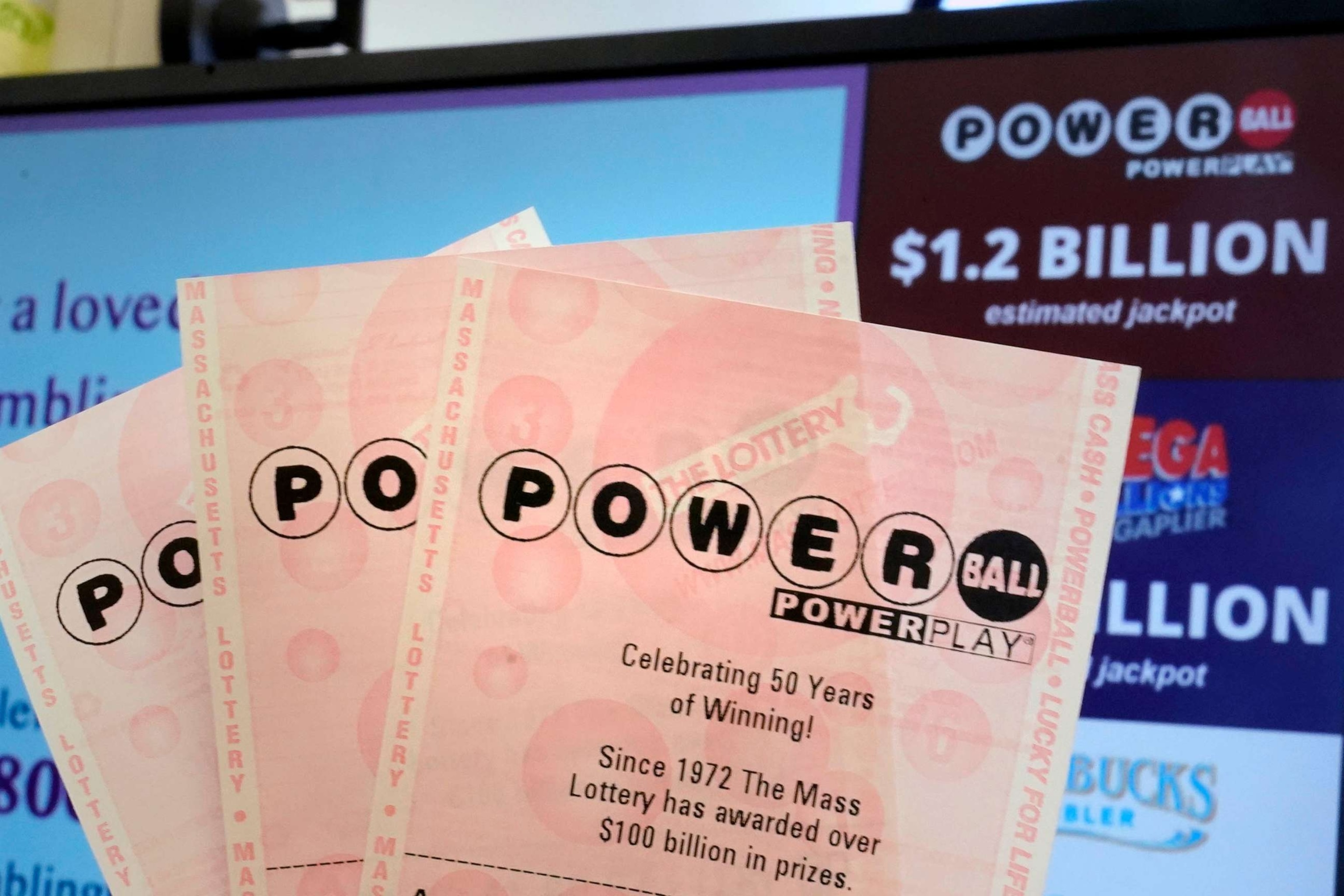 PHOTO: FILE - A selection of Powerball tickets are shown at the Route One Wine and Spirits liquor store, Nov. 2, 2022, in Foxborough, Mass.