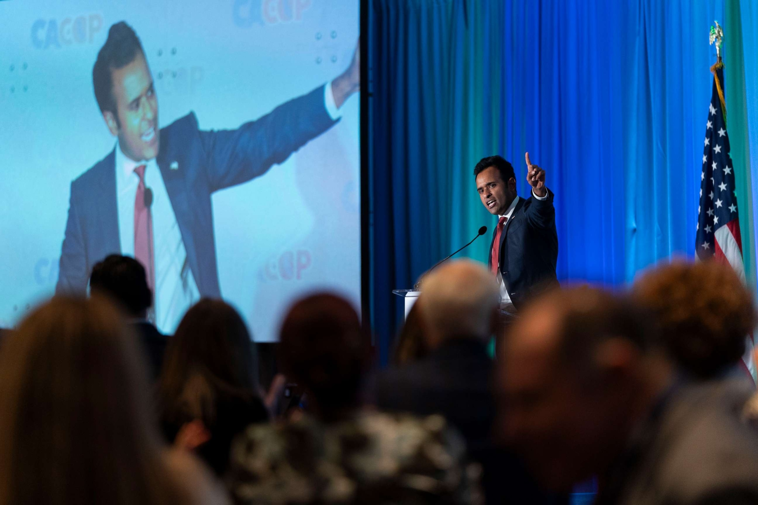 PHOTO: Republican presidential hopeful Vivek Ramaswamy speaks at the California Republican Party Convention in Anaheim, Calif., Sept. 30, 2023.