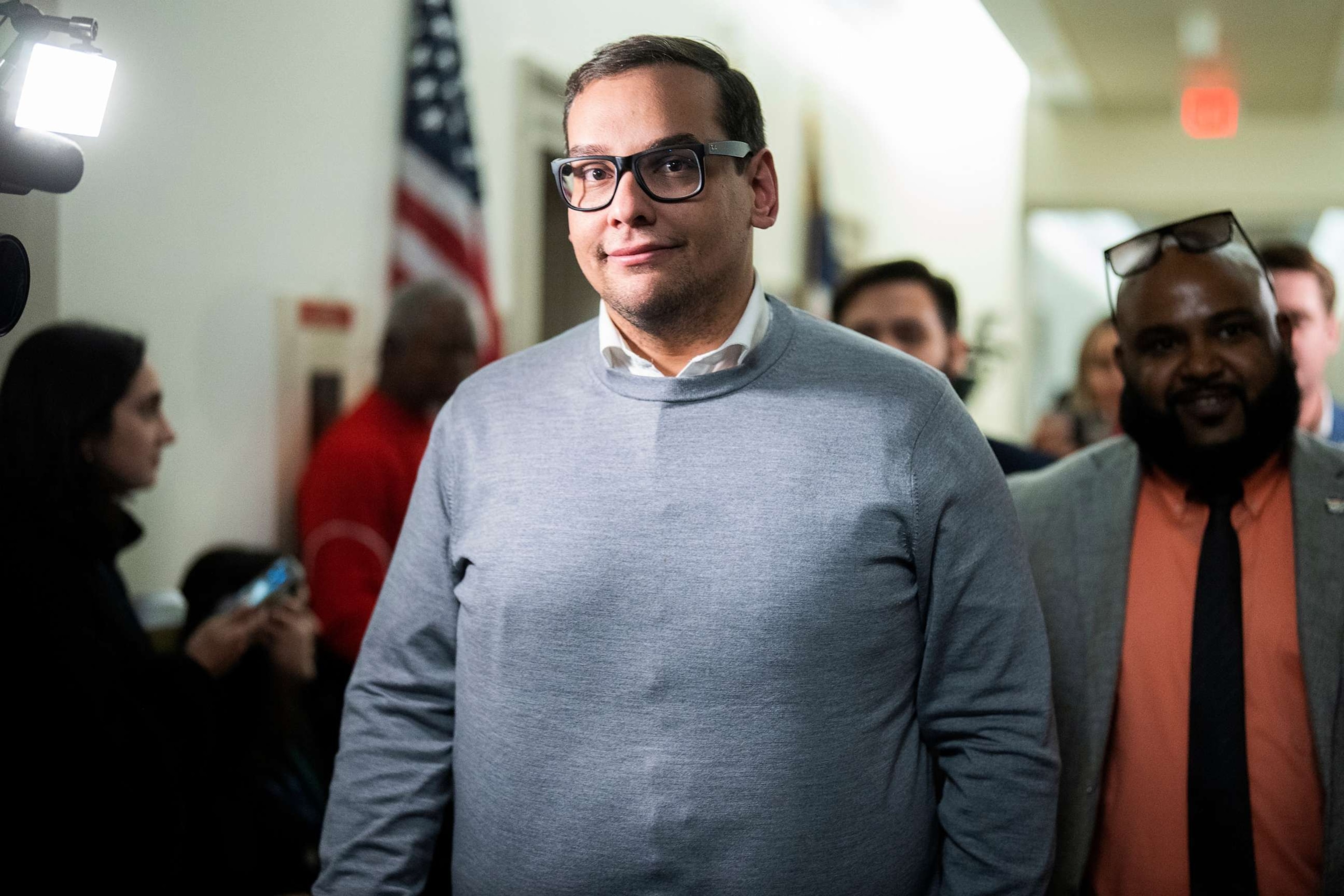 PHOTO: Rep. George Santos is seen outside a House Republican Conference speaker election meeting in Longworth Building, October 24, 2023.