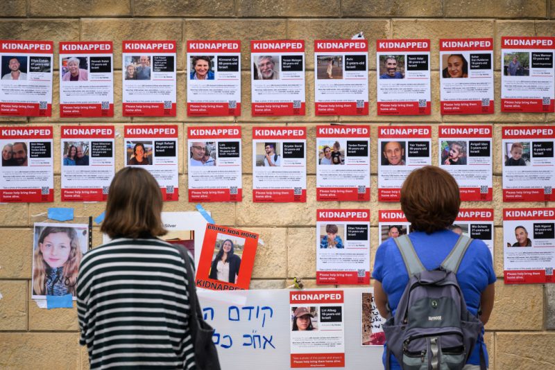 TEL AVIV, ISRAEL - OCTOBER 18: Photographs of some of those taken hostage by Hamas during their recent attacks are seen on October 18, 2023 in Tel Aviv, Israel. As Israel prepares to invade the Gaza Strip in its campaign to vanquish Hamas, the Palestinian militant group that launched a deadly attack in southern Israel on October 7th, worries are growing of a wider war with multiple fronts, including at the country's northern border with Lebanon. Countries have scrambled to evacuate their citizens from Israel, and Israel has begun relocating residents some communities on its northern border. Meanwhile, hundreds of thousands of residents of northern Gaza have fled to the southern part of the territory, following Israel's vow to launch a ground invasion. (Photo by Leon Neal/Getty Images)