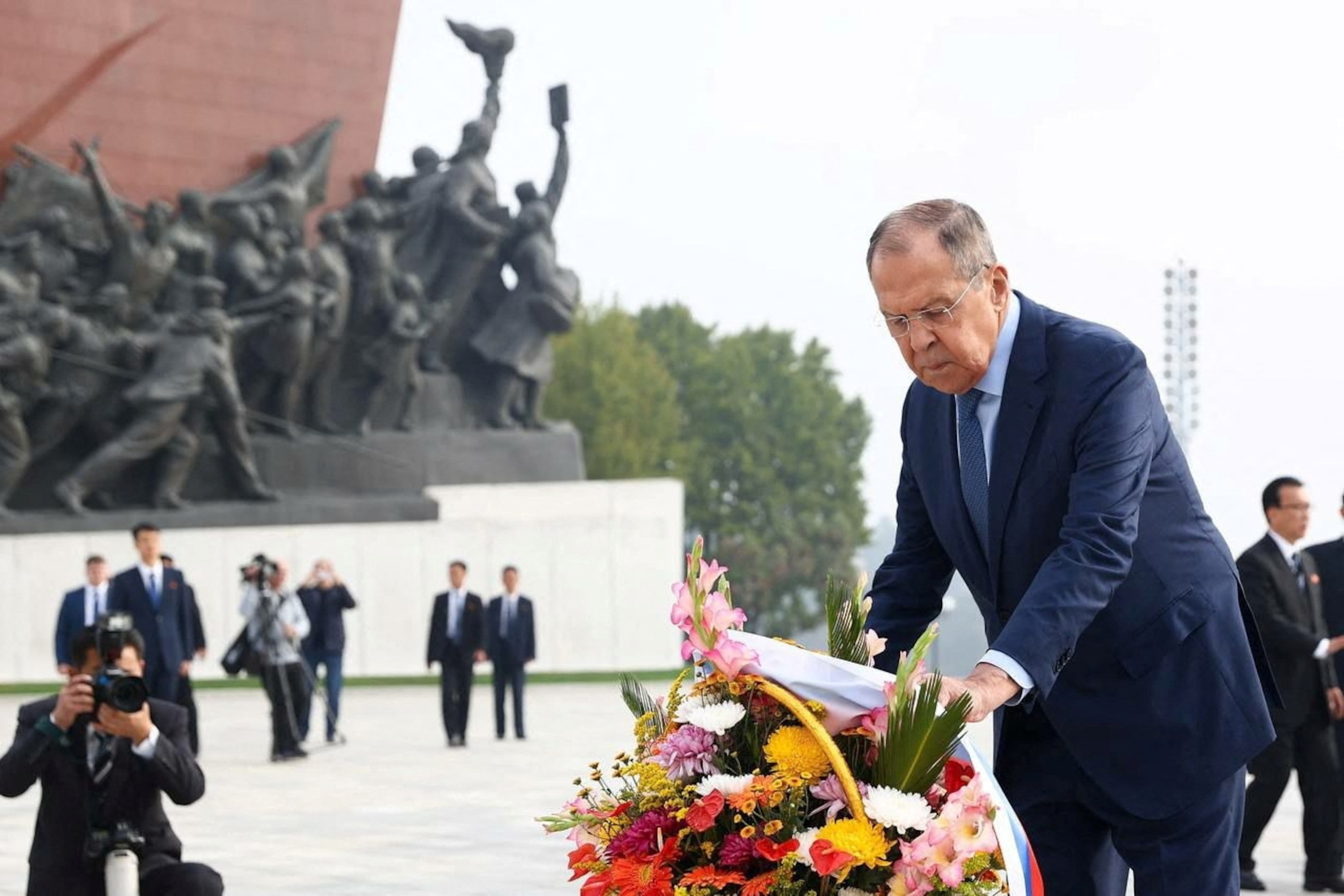 PHOTO: Russian Foreign Minister Sergey Lavrov attends a wreath laying ceremony in Pyongyang, North Korea, October 19, 2023.