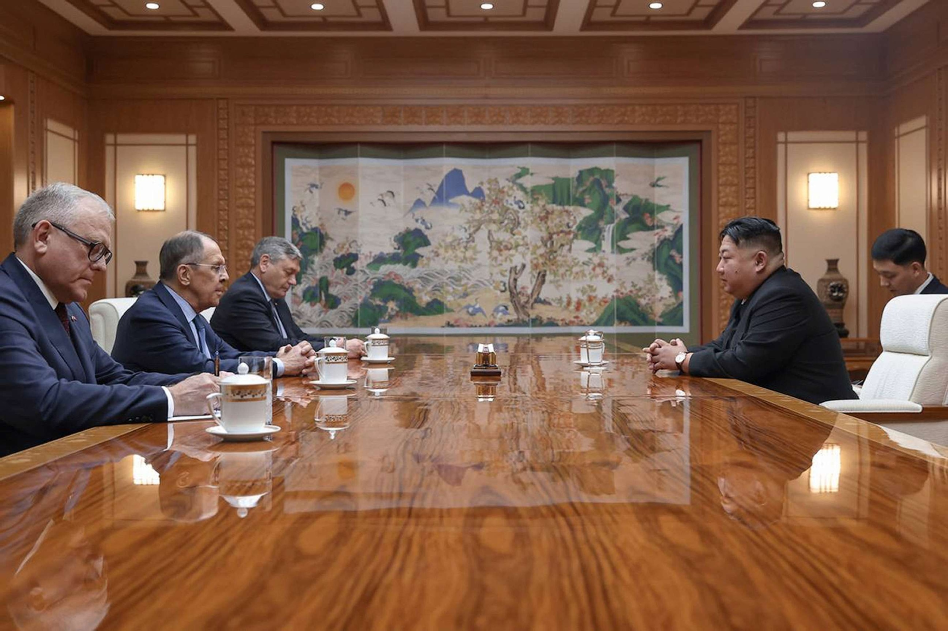 PHOTO: In this photo released by Russian Foreign Ministry Press Service via their telegram channel, Korean leader Kim Jong Un, second right, and Russian Foreign Minister Sergey Lavrov, second left, attend talks in North Korea, on Thursday, Oct. 19, 2023.