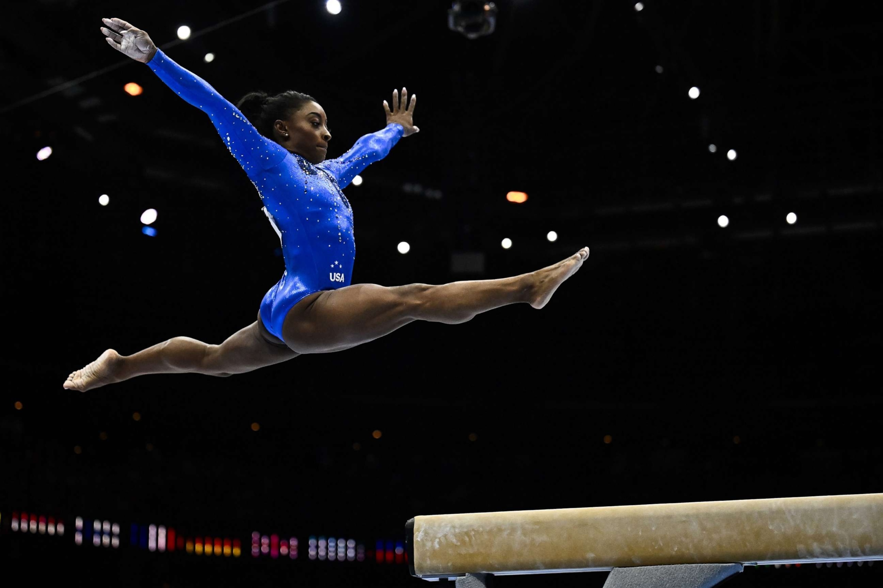 PHOTO: Simone Biles pictured in action during the Women's Individual All-Around Final at the Artistic Gymnastics World Championships, in Antwerp, on Oct. 6, 2023.