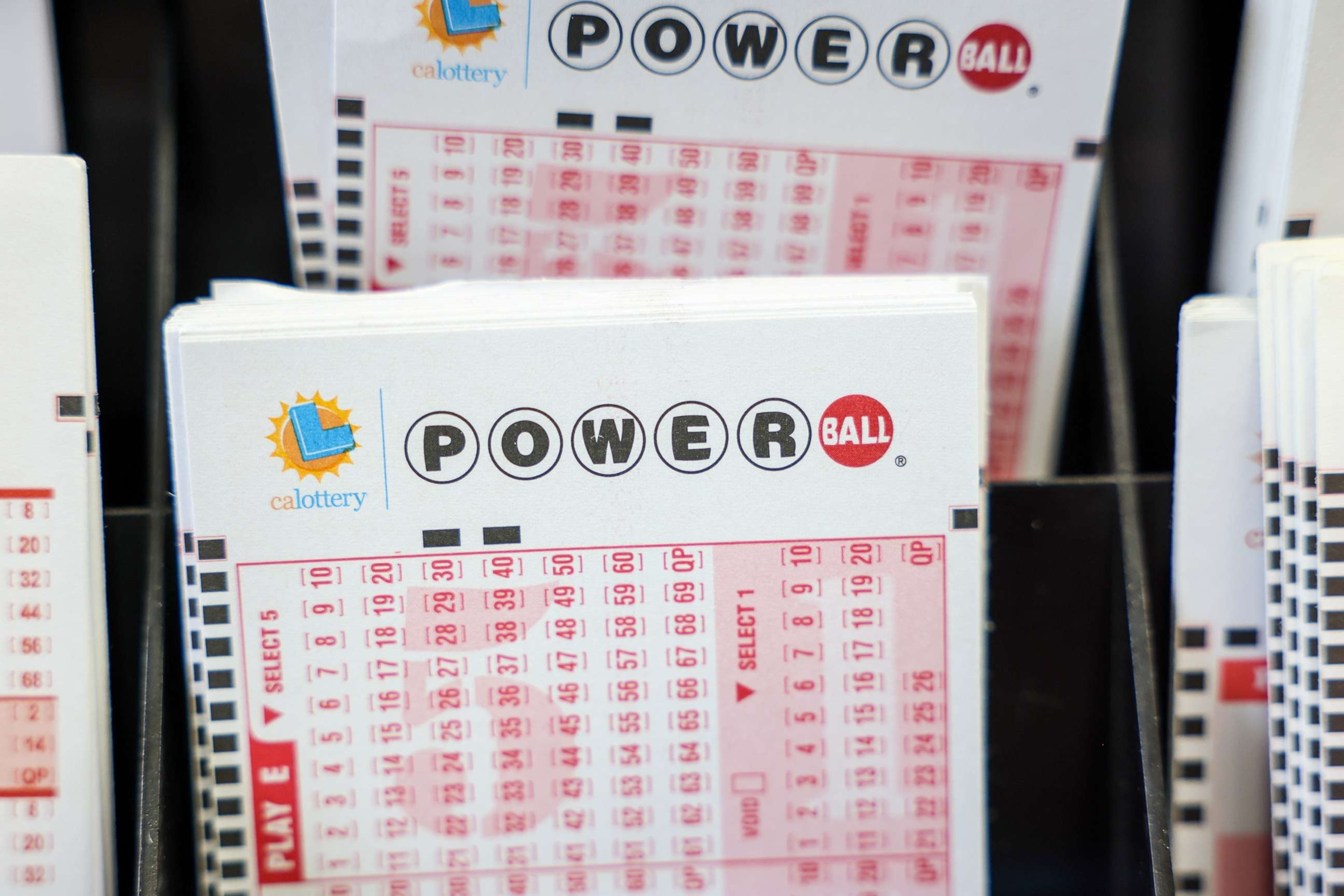 PHOTO: Powerball play tickets are seen on display at Blue Bird Liquor in Hawthorne, Calif. on Oct. 10, 2023.