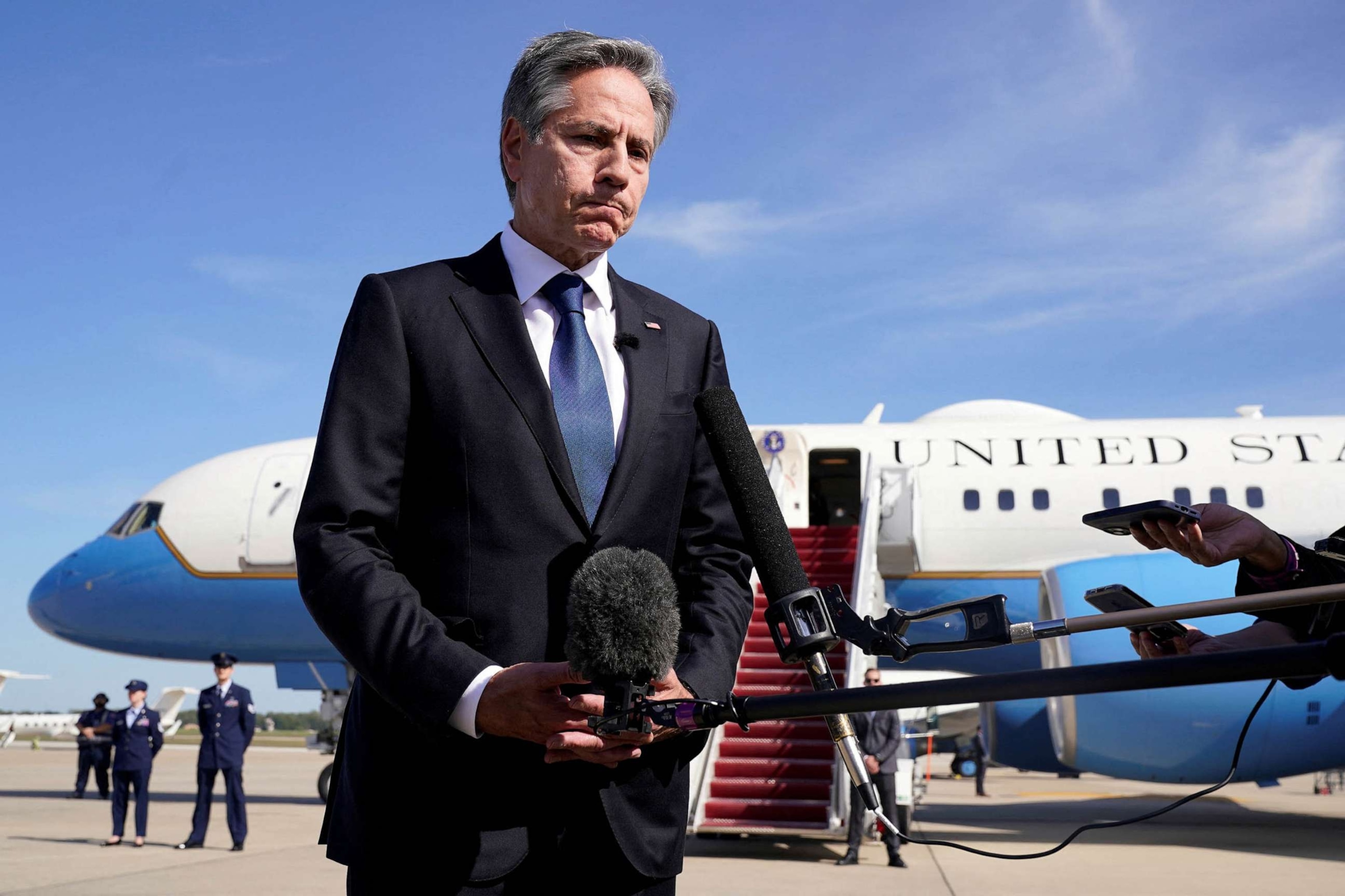 PHOTO: Secretary of State Antony Blinken speaks to reporters before boarding a plane, Oct. 11, 2023, at Andrews Air Force Base, Md., en route to Israel.