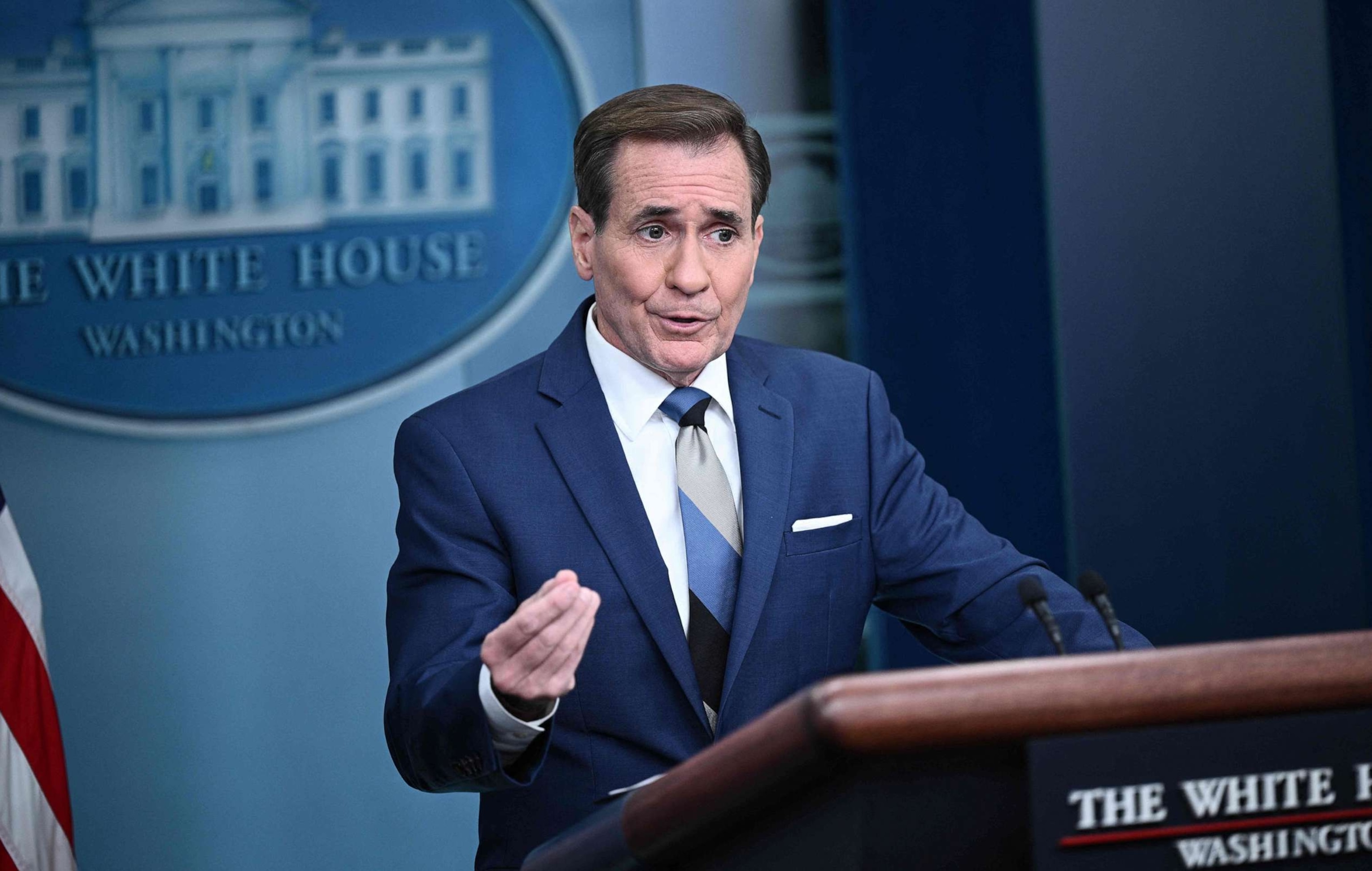 PHOTO: National Security Council Coordinator for Strategic Communications John Kirby speaks during the daily briefing in the Brady Press Briefing Room of the White House, Oct. 11, 2023, in Washington.