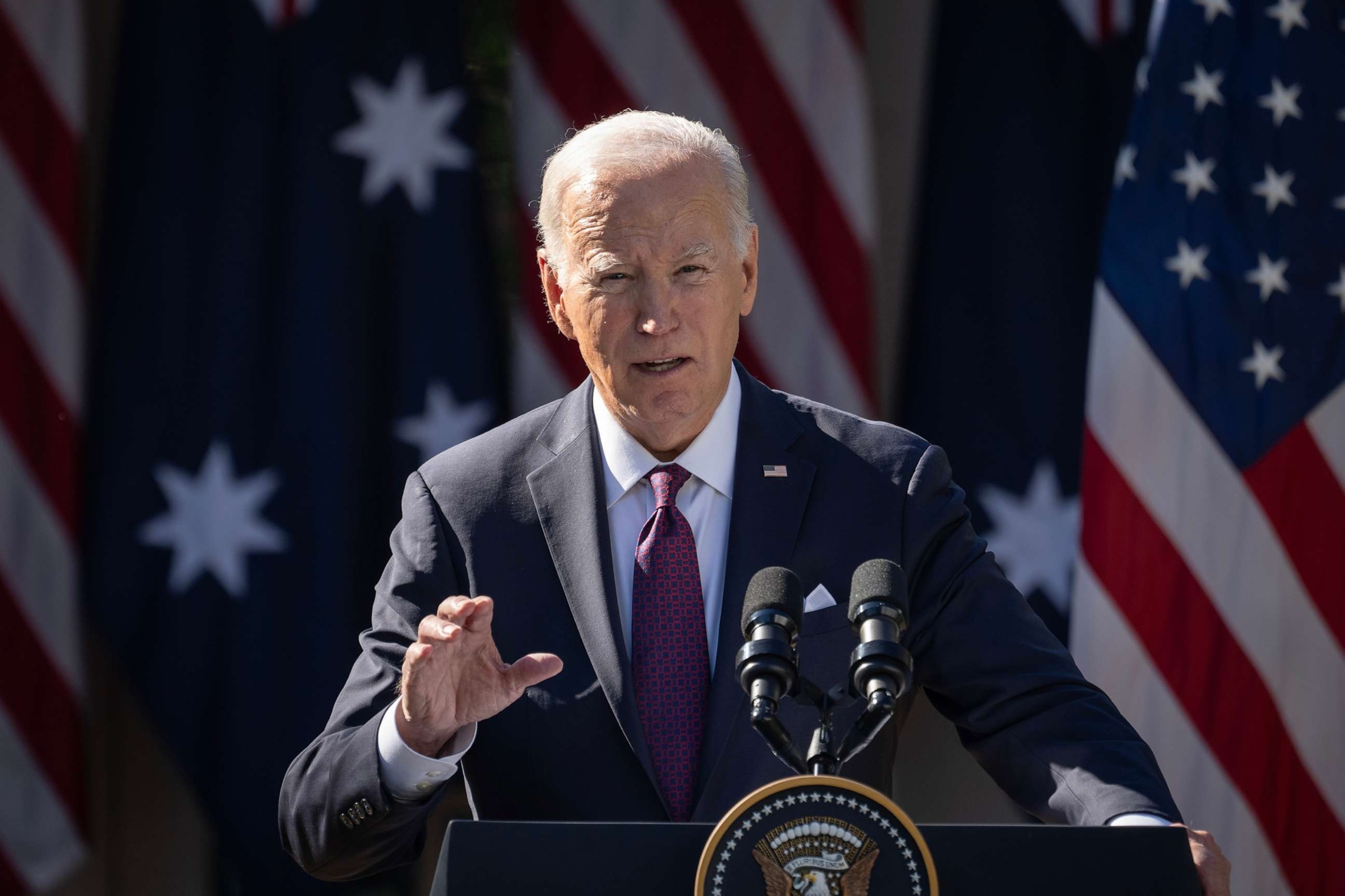 PHOTO: President Joe Biden holds a press conference with Prime Minister of Australia Anthony Albanese in the Rose Garden at the White House on Oct. 25, 2023, in Washington, D.C.