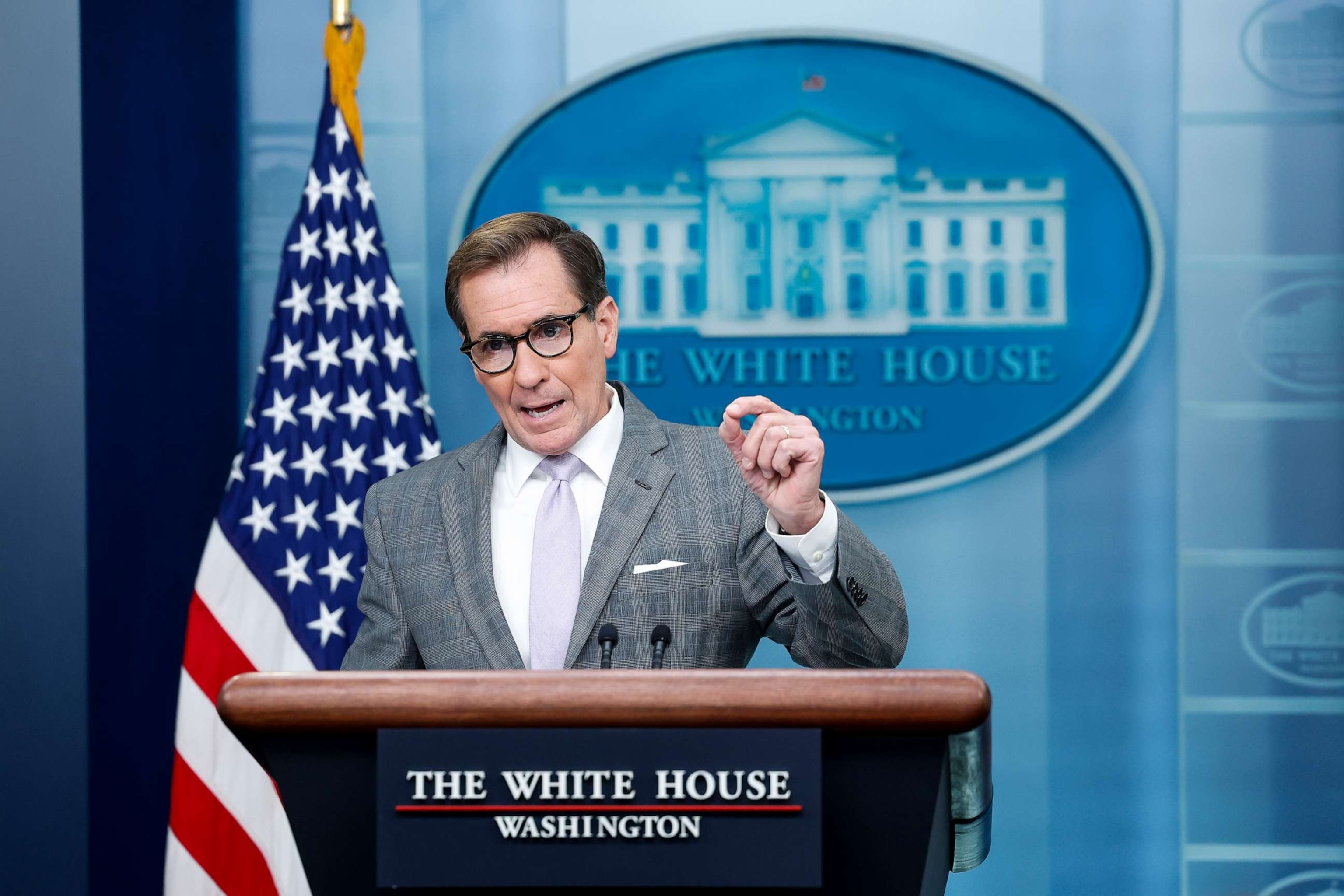 PHOTO: Coordinator for Strategic Communications at the National Security Council John Kirby speaks during the daily press briefing at the White House, Oct. 23, 2023.