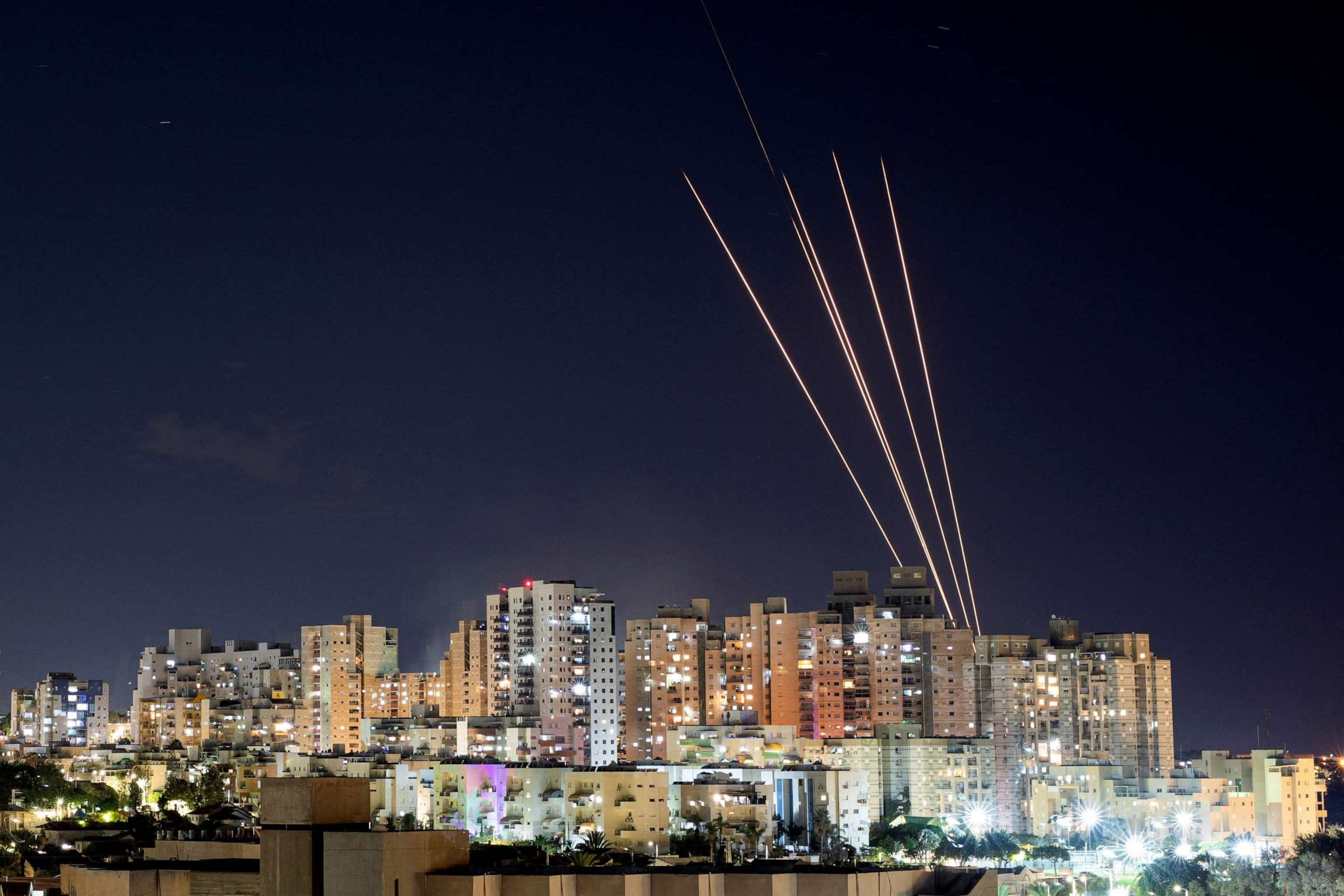 PHOTO: Rockets are launched from the Gaza Strip towards central Israel, as seen from Ashkelon in southern Israel Oct. 17, 2023.