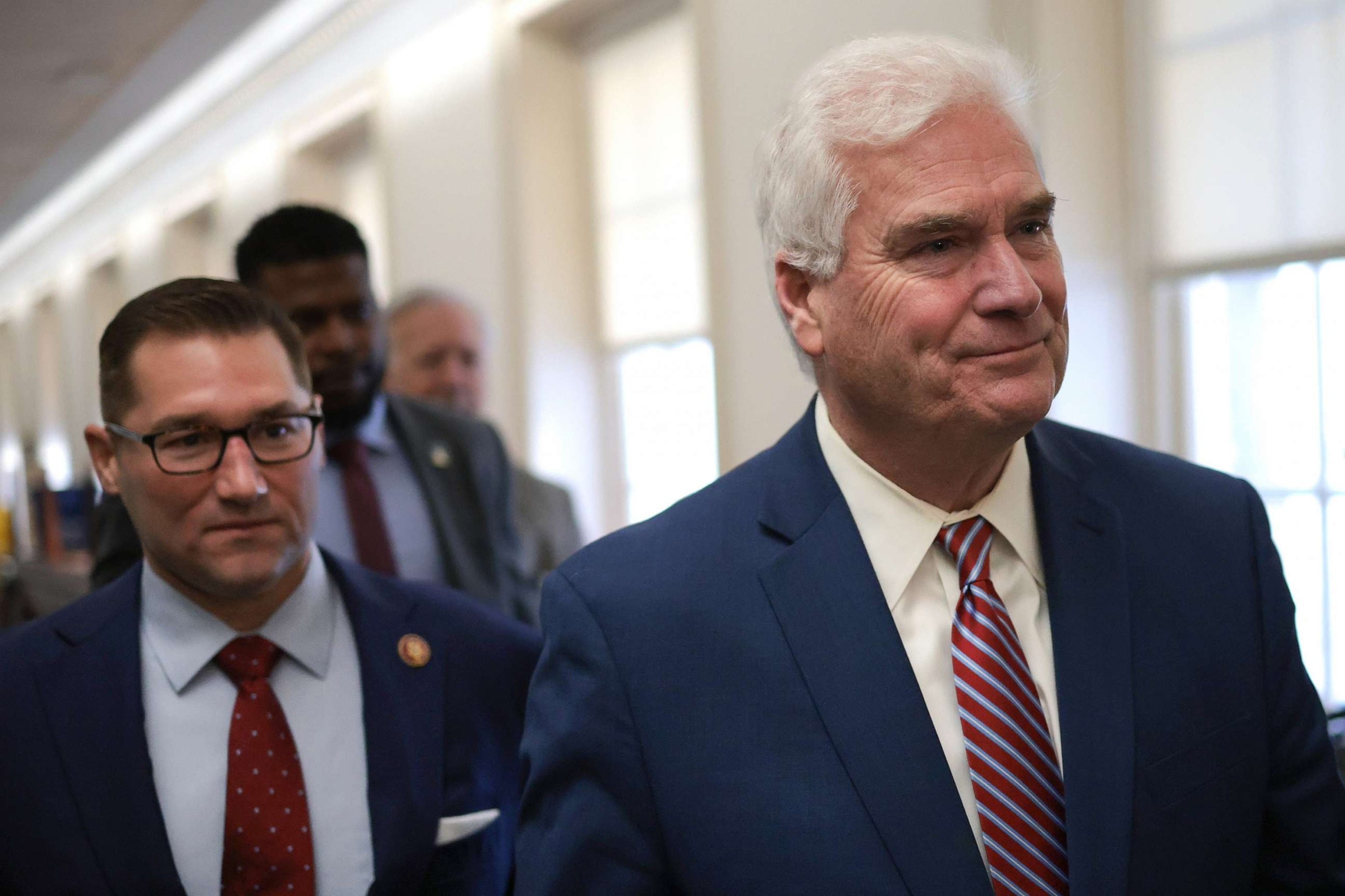 PHOTO: House Majority Whip Tom Emmer and Rep. Guy Reschenthaler arrive to a House Republican candidates forum where congressmen who are running for Speaker of the House will present their platforms on Capitol Hill, Oct. 24, 2023.