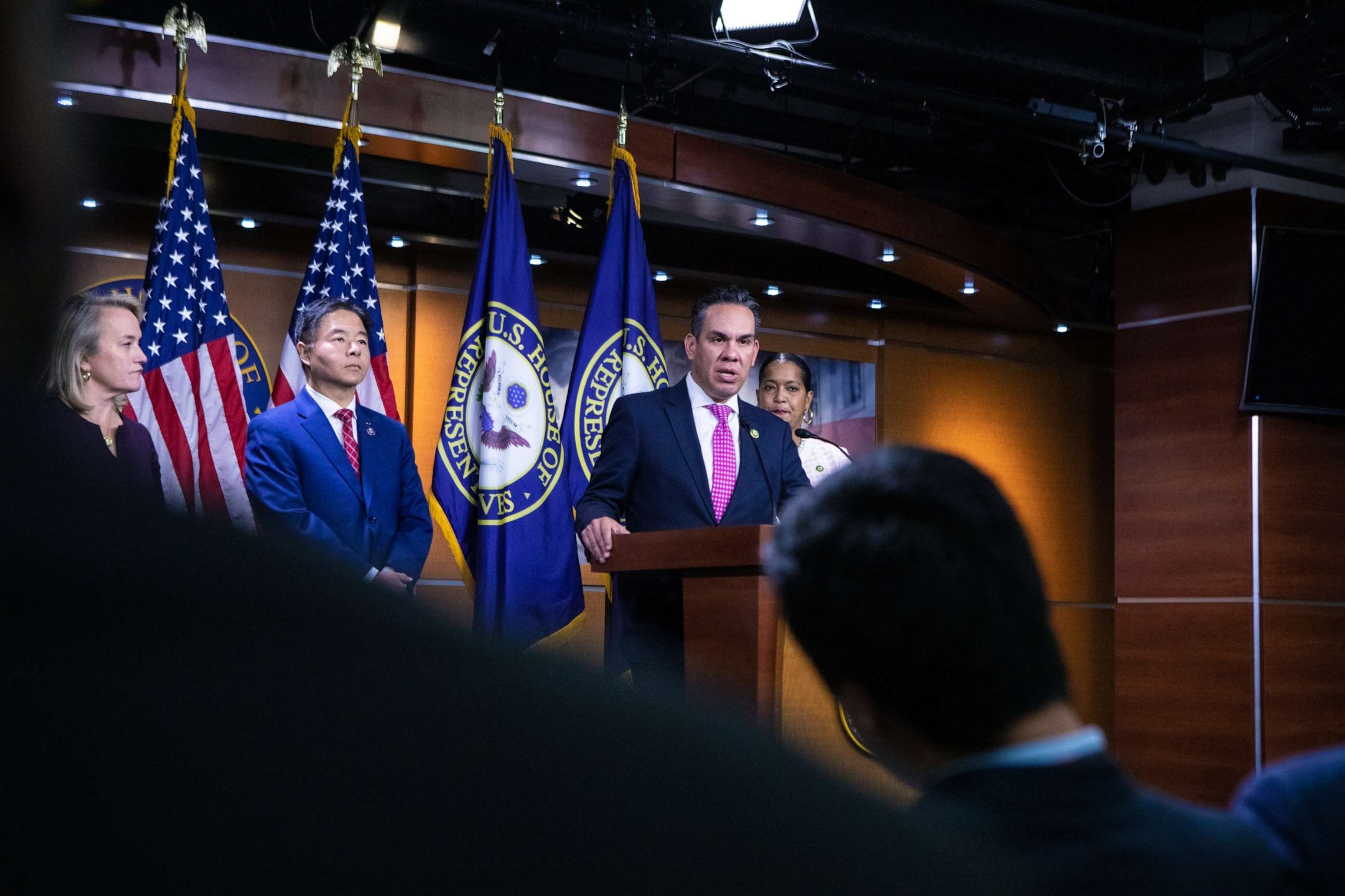 PHOTO: House Democratic Caucus Chair Pete Aguilar speaks during a press conference at the Capitol, Oct. 24, 2023.