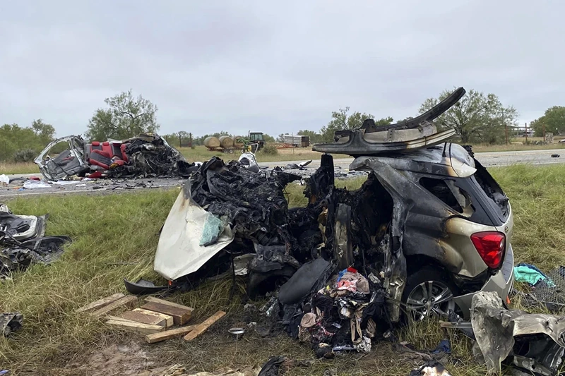 This image provided by the Texas Department of Public Safety, shows mangled vehicles at the scene of crash, Wednesday, Nov. 8, 2023, near Batesville, Texas. Eight people died in a South Texas car crash Wednesday while police chased a driver suspected of smuggling migrants, the Texas Department of Public Safety said. (Texas Department of
Public Safety via AP) 