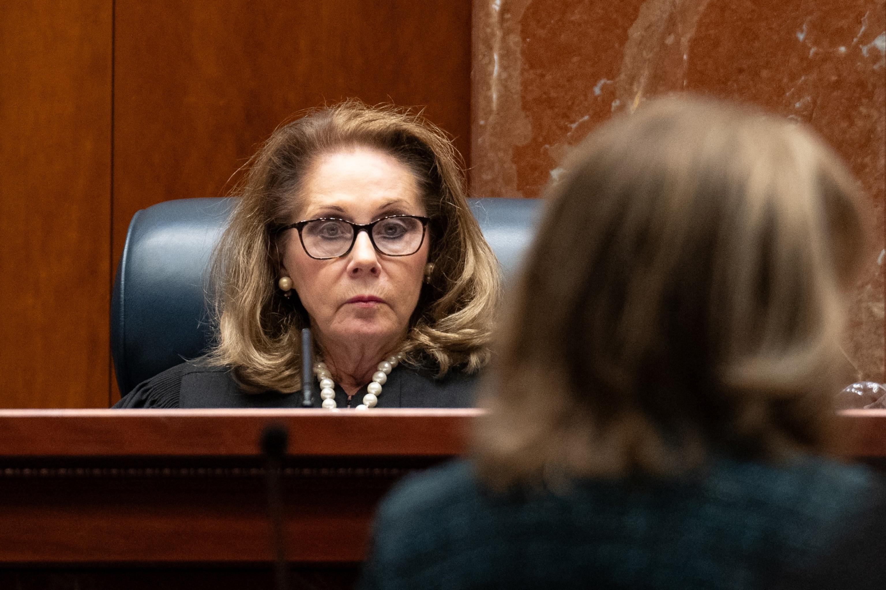 PHOTO: Justice Debra Lehrmann, of the Texas Supreme Court, looks on as litigators make their arguments in Zurowski v. State of Texas, at the Texas Supreme Court in Austin, Texas, on Nov. 28, 2023.