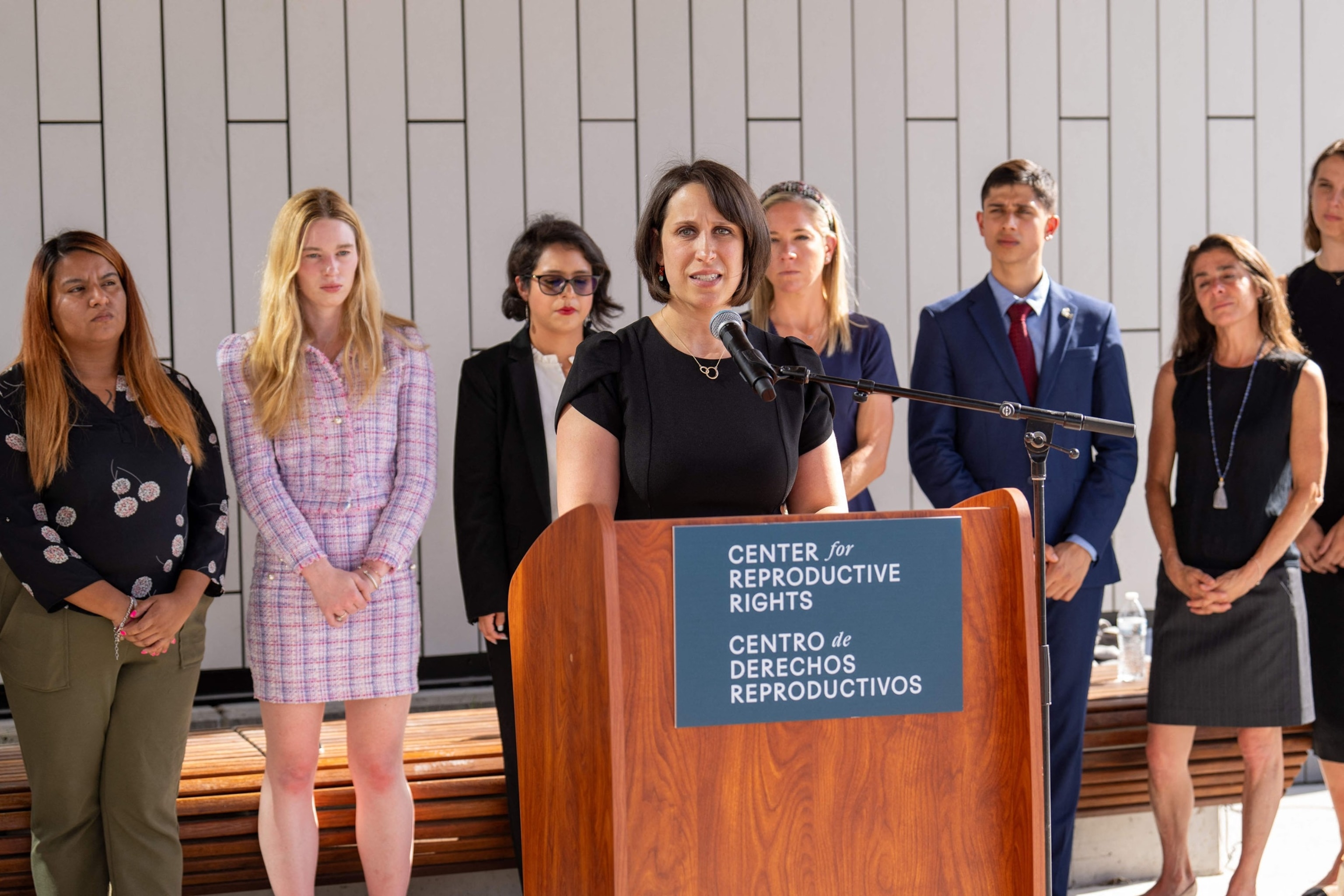 PHOTO: In this July 20, 2023, file photo, Center for Reproductive Rights attorney Molly Duane speaks during a press conference outside the Travis County Courthouse in Austin, Texas.