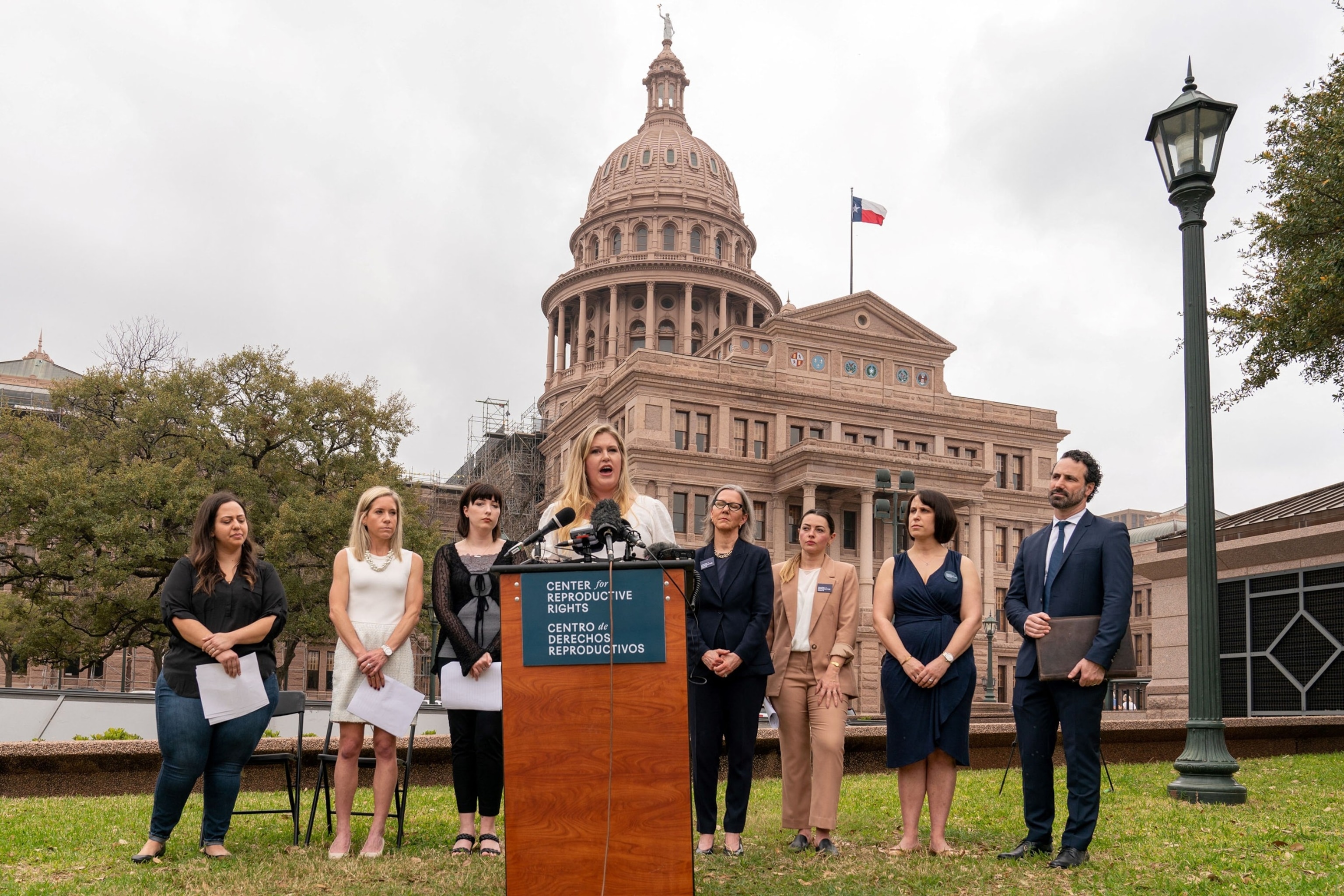 PHOTO: In this March 7, 2023, file photo, Lauren Miller, a plaintiff in the case, speaks on the lawn of the Texas State Capitol, in Austin, Texas. 