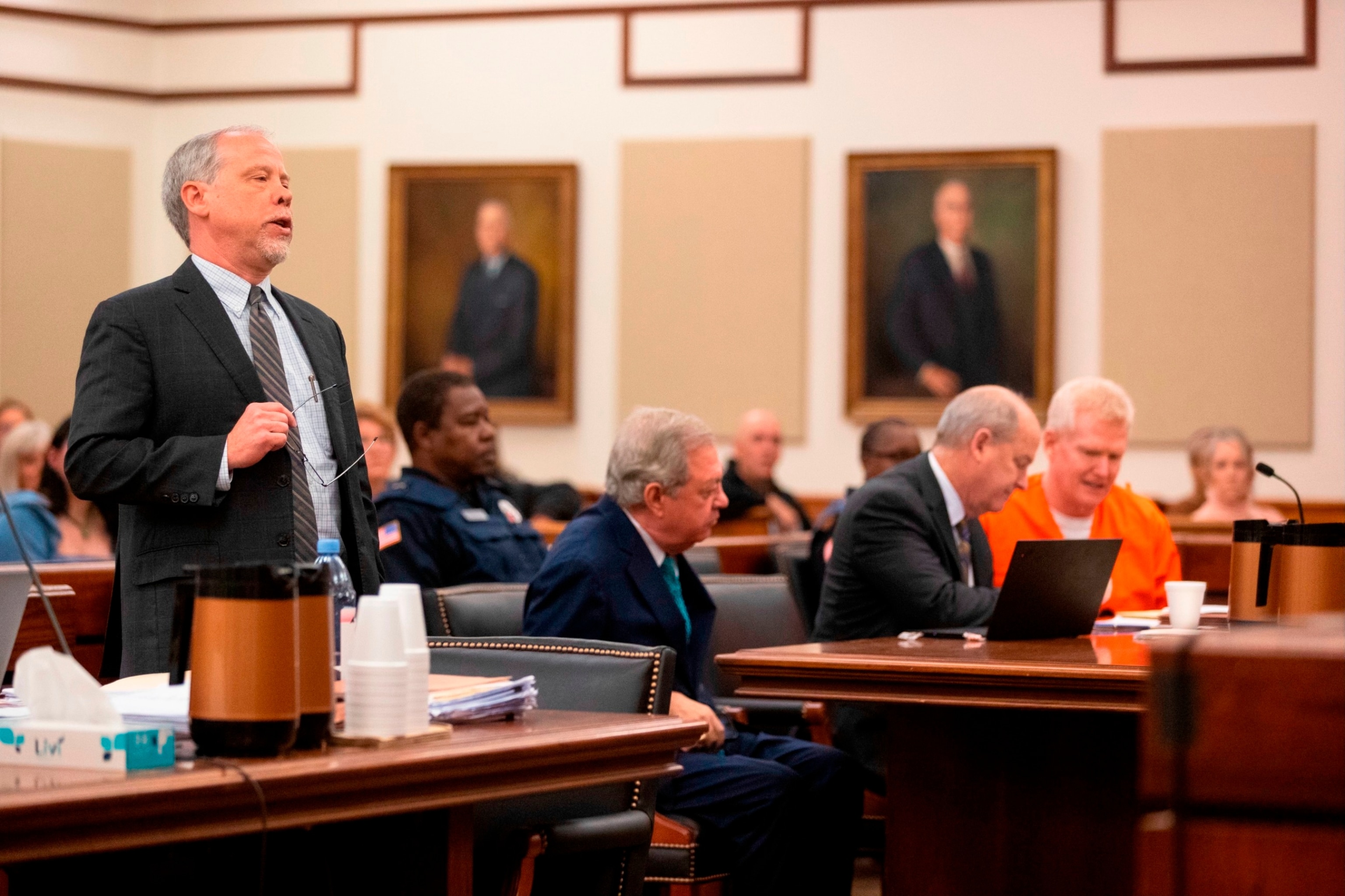 PHOTO: Prosecutor Creighton Waters, left, addresses the court during Alex Murdaugh's sentencing for stealing from clients, Nov. 28, 2023, at the Beaufort County Courthouse in Beaufort, S.C. 