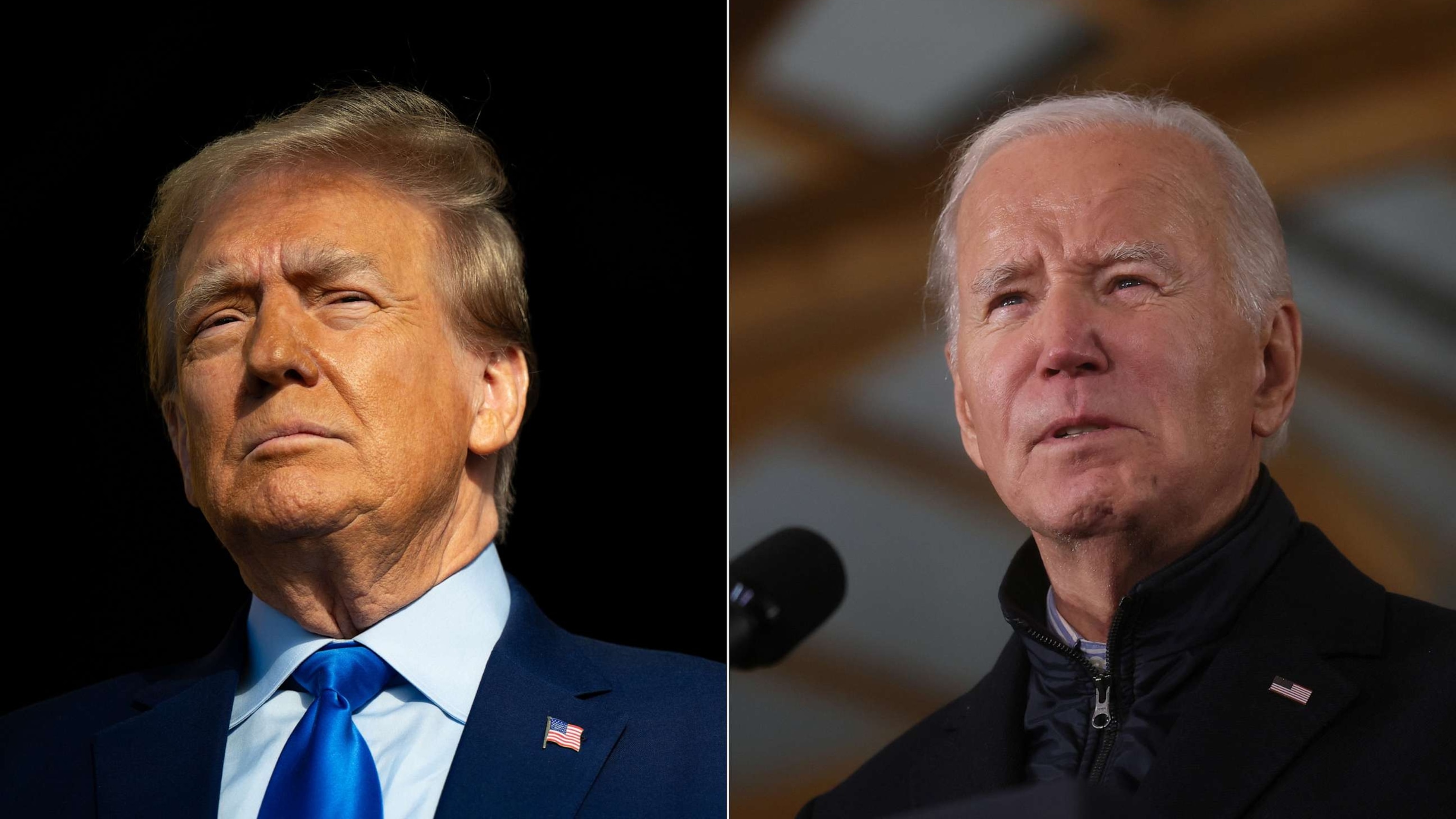 PHOTO: Split image featuring Republican presidential candidate former President Donald Trump looking on during a campaign rally on Nov. 02, 2023 in Houston, Texas; and President Joe Biden delivering remarks in Northfield, Minn., on Nov. 1, 2023.