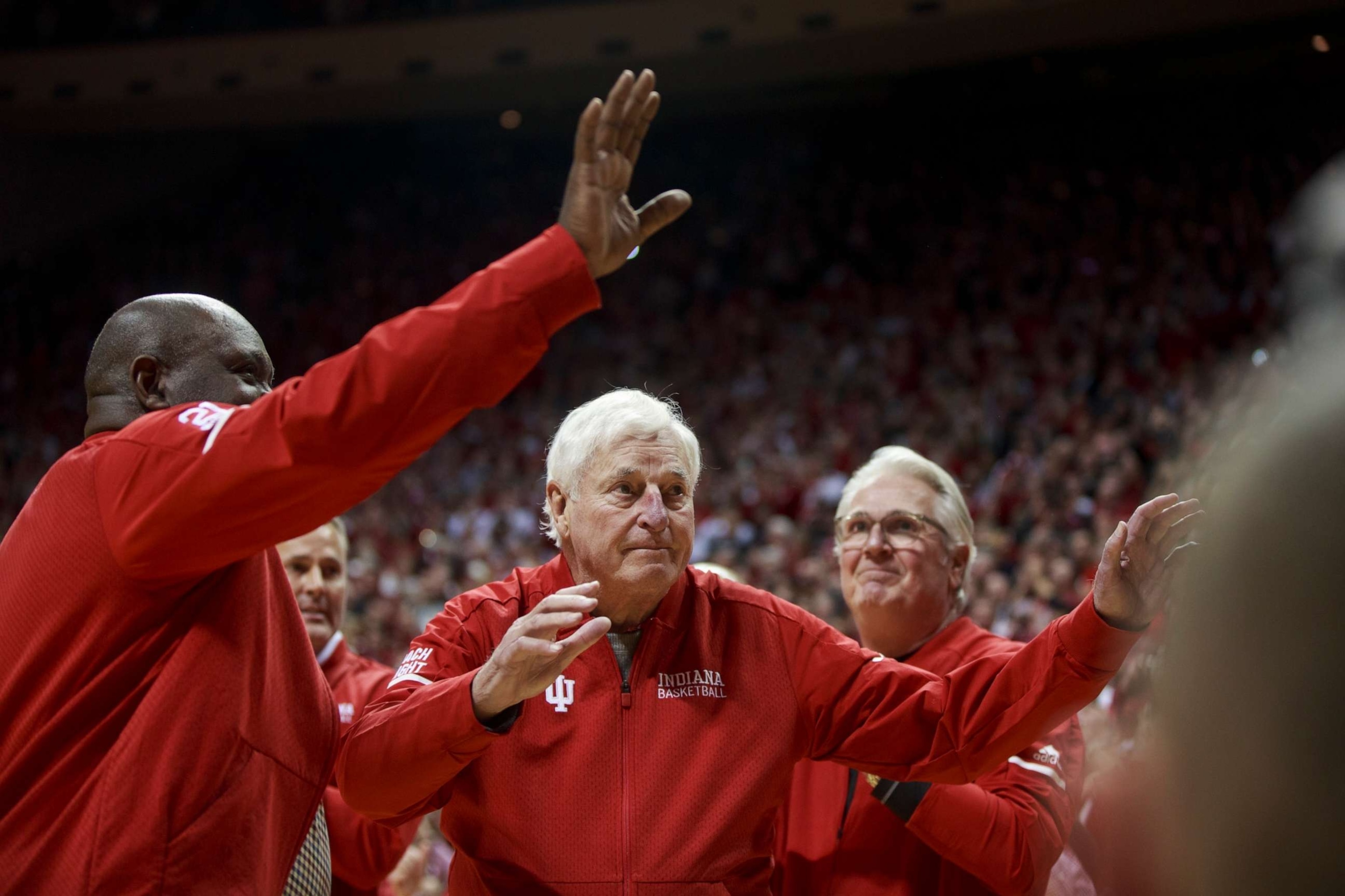 PHOTO: Celebrations as NCAA basketball coach Bob Knight, who took the Indiana Hoosiers to three NCAA national titles, returns to Assembly Hall, Feb. 8, 2020, in Bloomington, Ind.