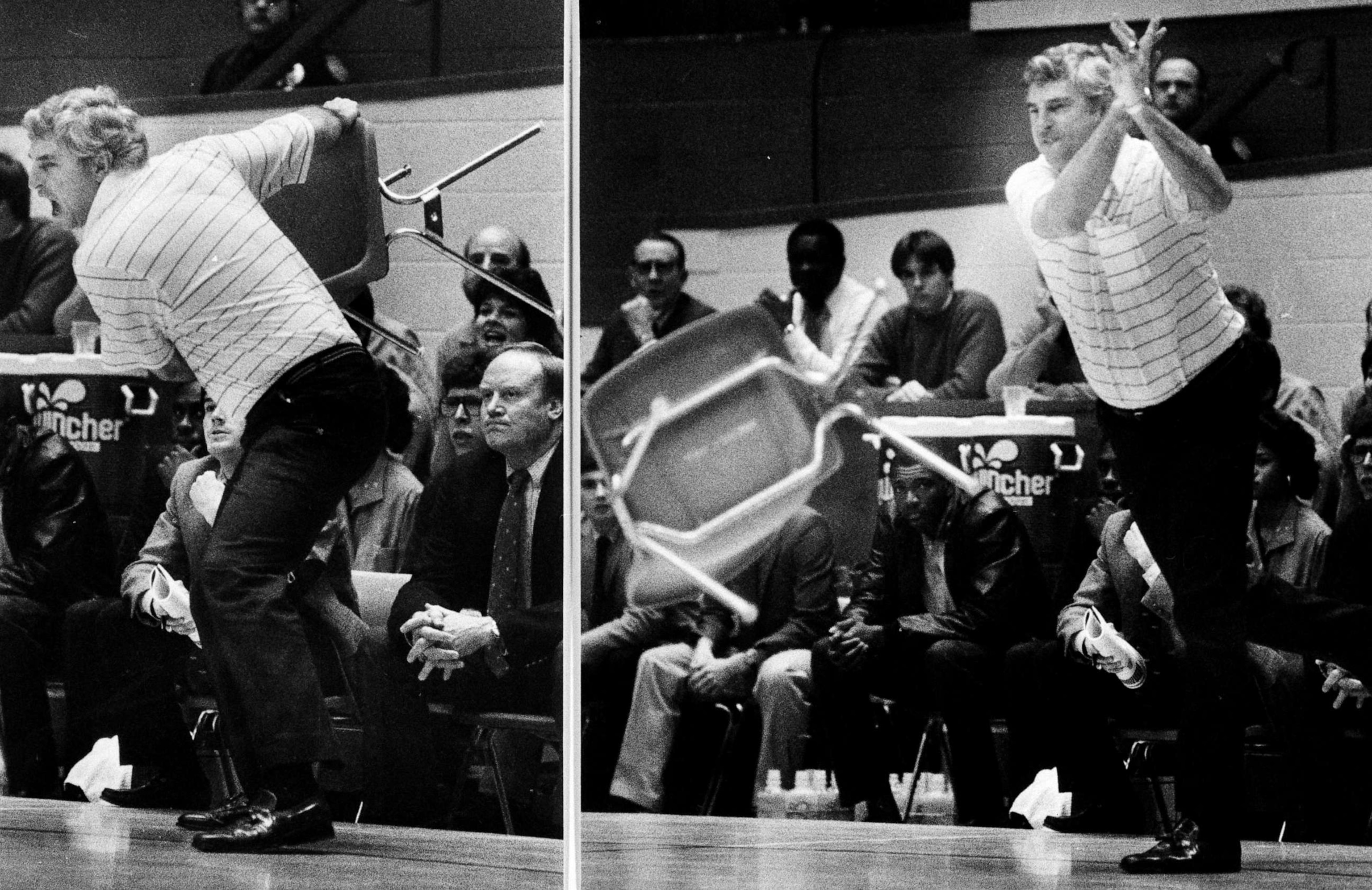 PHOTO: This Feb. 23, 1985, file photo shows Indiana coach Bob Knight winding up and pitching a chair across the floor during Indiana's 72-63 loss to Purdue, in Bloomington, Ind.