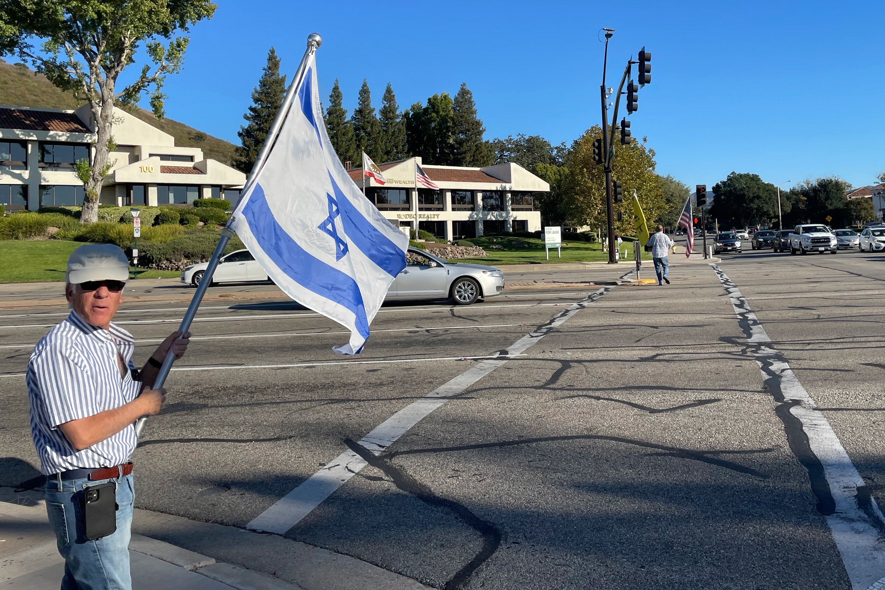 PHOTO: In this photo provided by JLTV, Paul Kessler attends a demonstration in Thousand Oaks, Calif., Sunday Nov. 5, 2023.