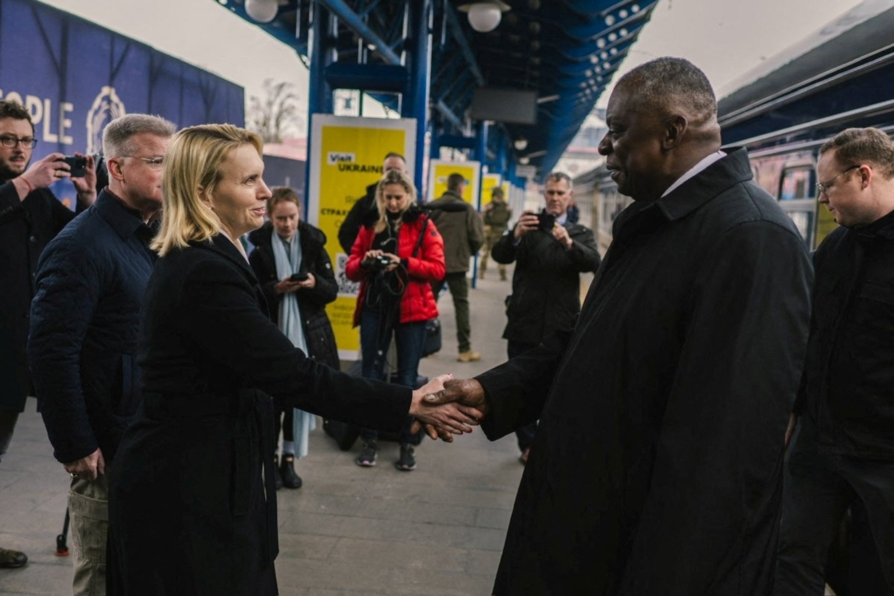 PHOTO: U.S. Secretary of Defense Lloyd Austin is welcomed as he arrives in Kyiv, Ukraine, Nov. 20, 2023. 