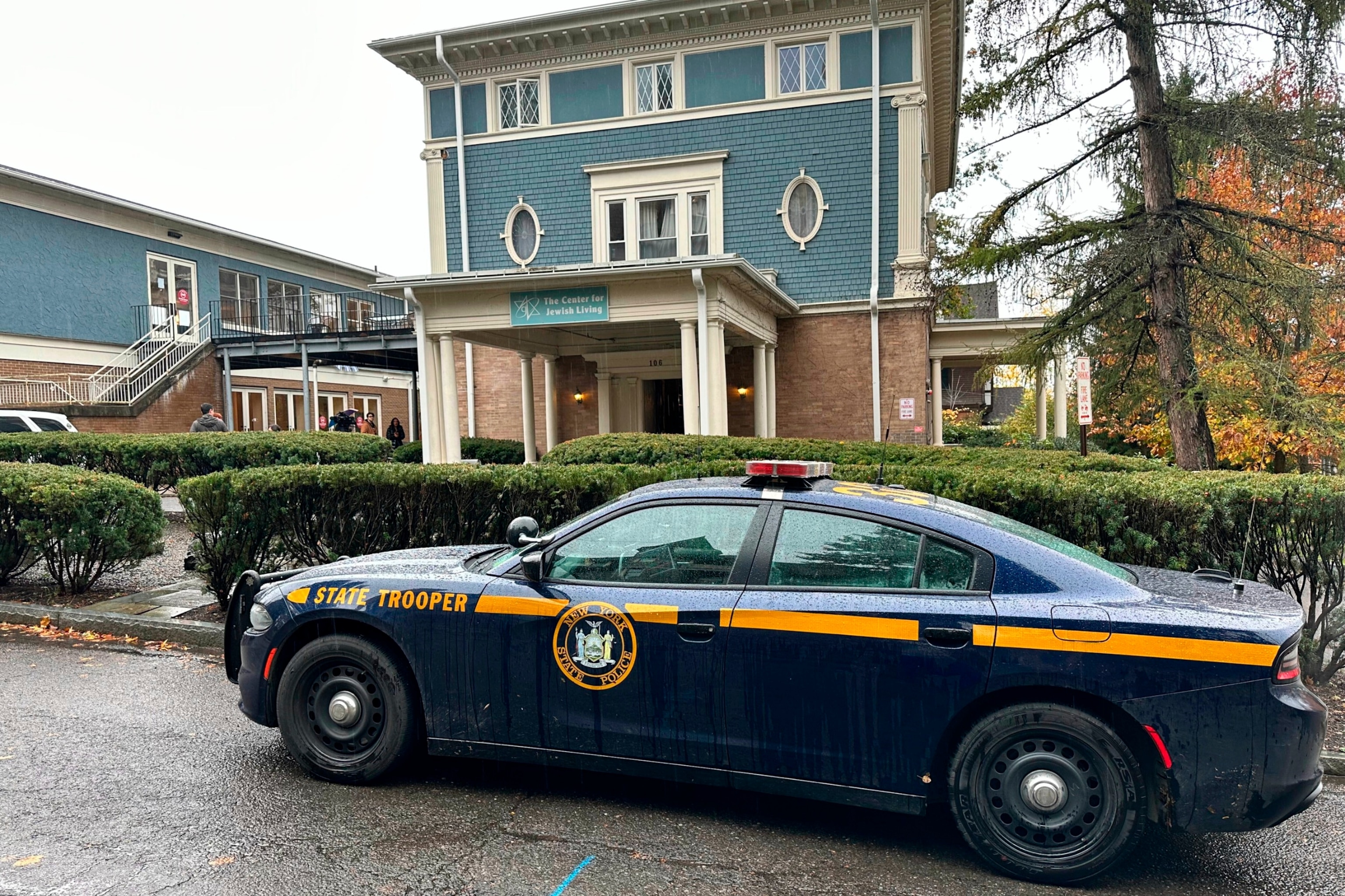 PHOTO: A New York State Police Department cruiser is parked in front of Cornell University's Center for Jewish Living, in Ithaca, NY, Oct 30, 2023. 