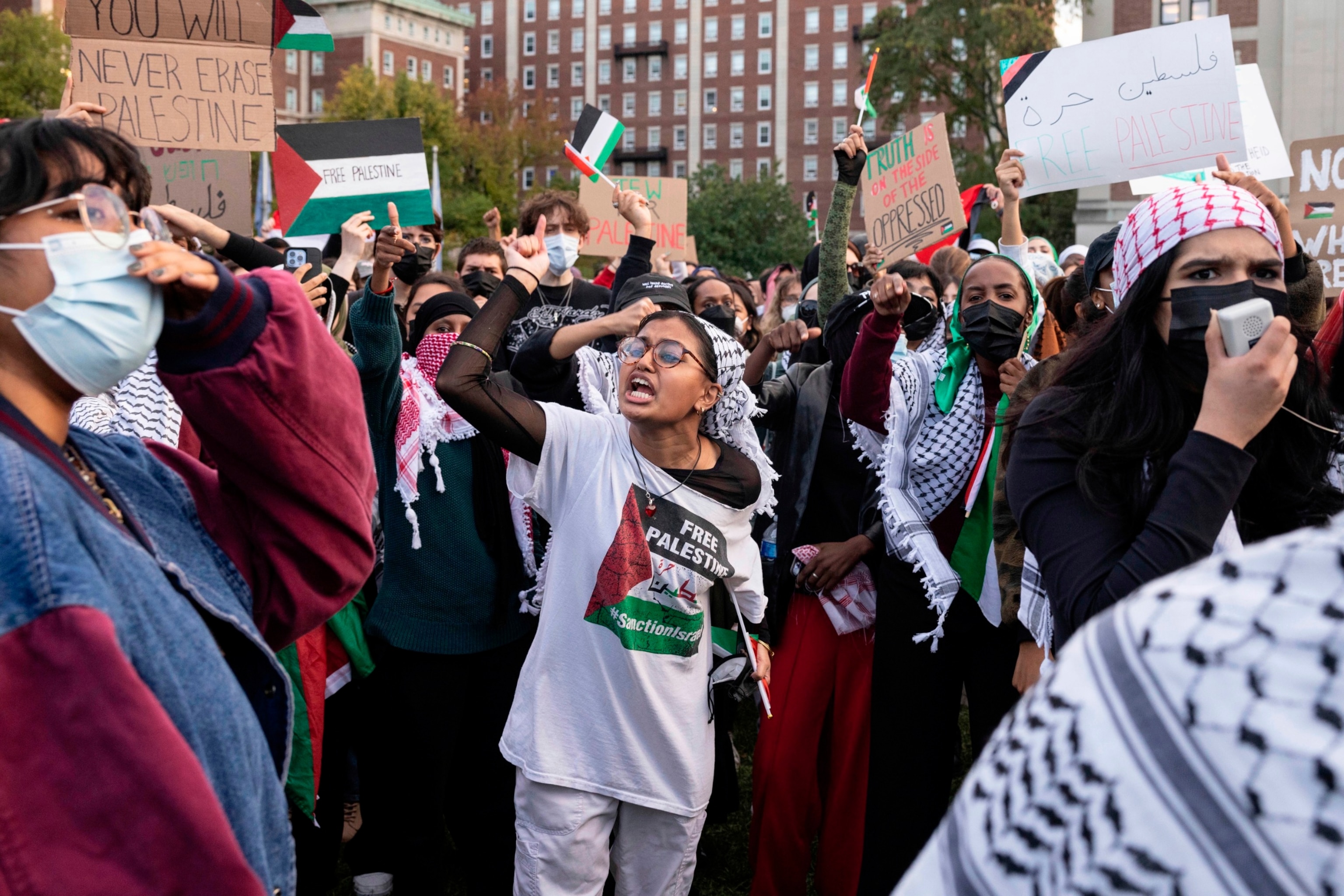 PHOTO: Palestinian supporters gather for a protest at Columbia University, Oct. 12, 2023, in New York.