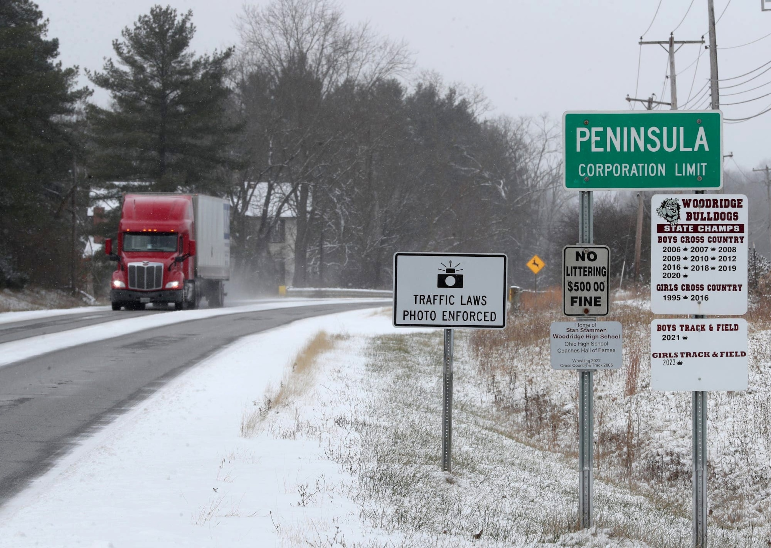 PHOTO: A truck head east on Ohio State Route 303 in Peninsula, Ohio, Nov. 28, 2023.