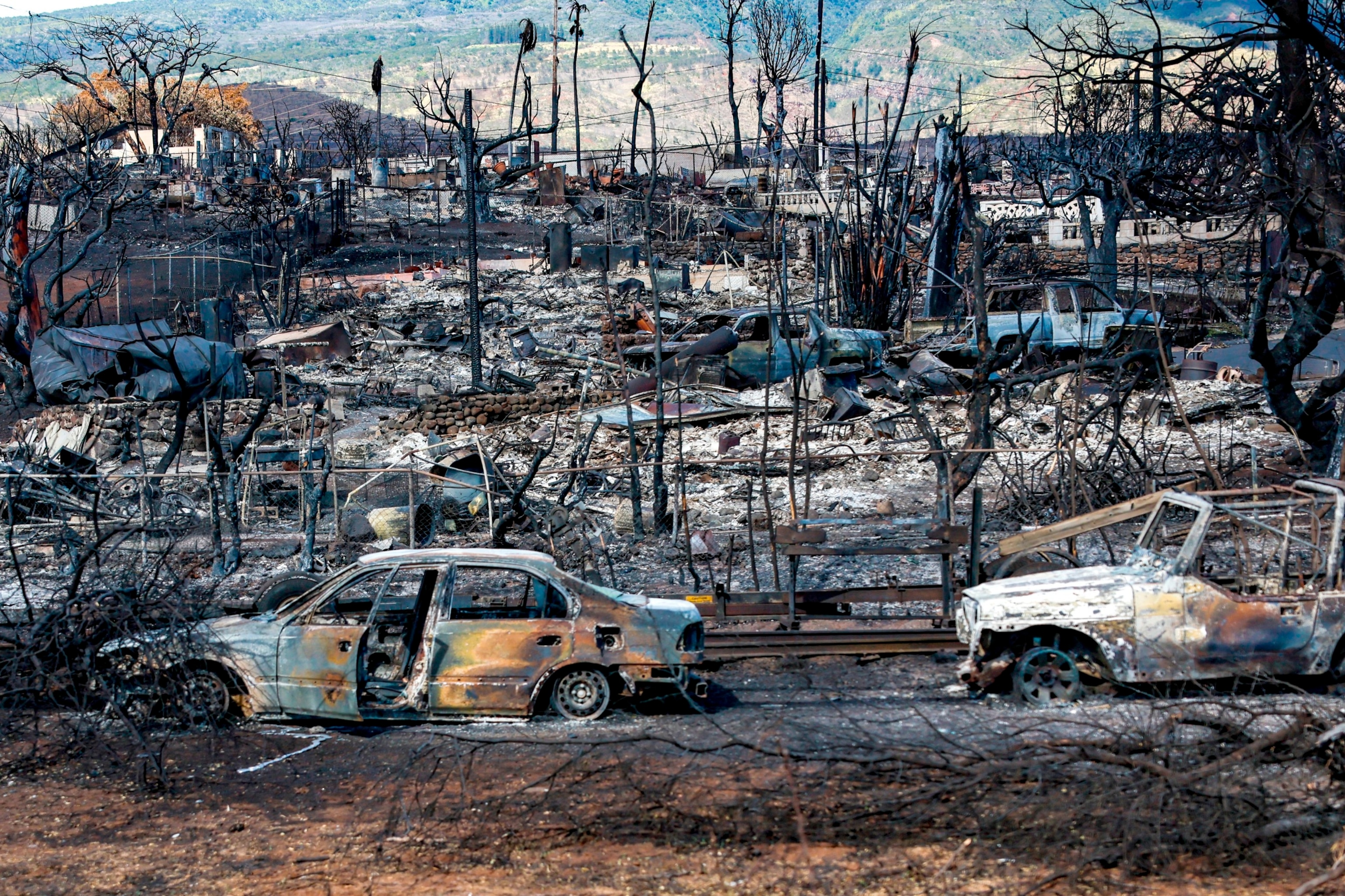 PHOTO: A view of destruction from Hwy 30 days after a fierce wildfire destroyed the town, Aug. 14, 2023, in Lahaina, Hawaii.