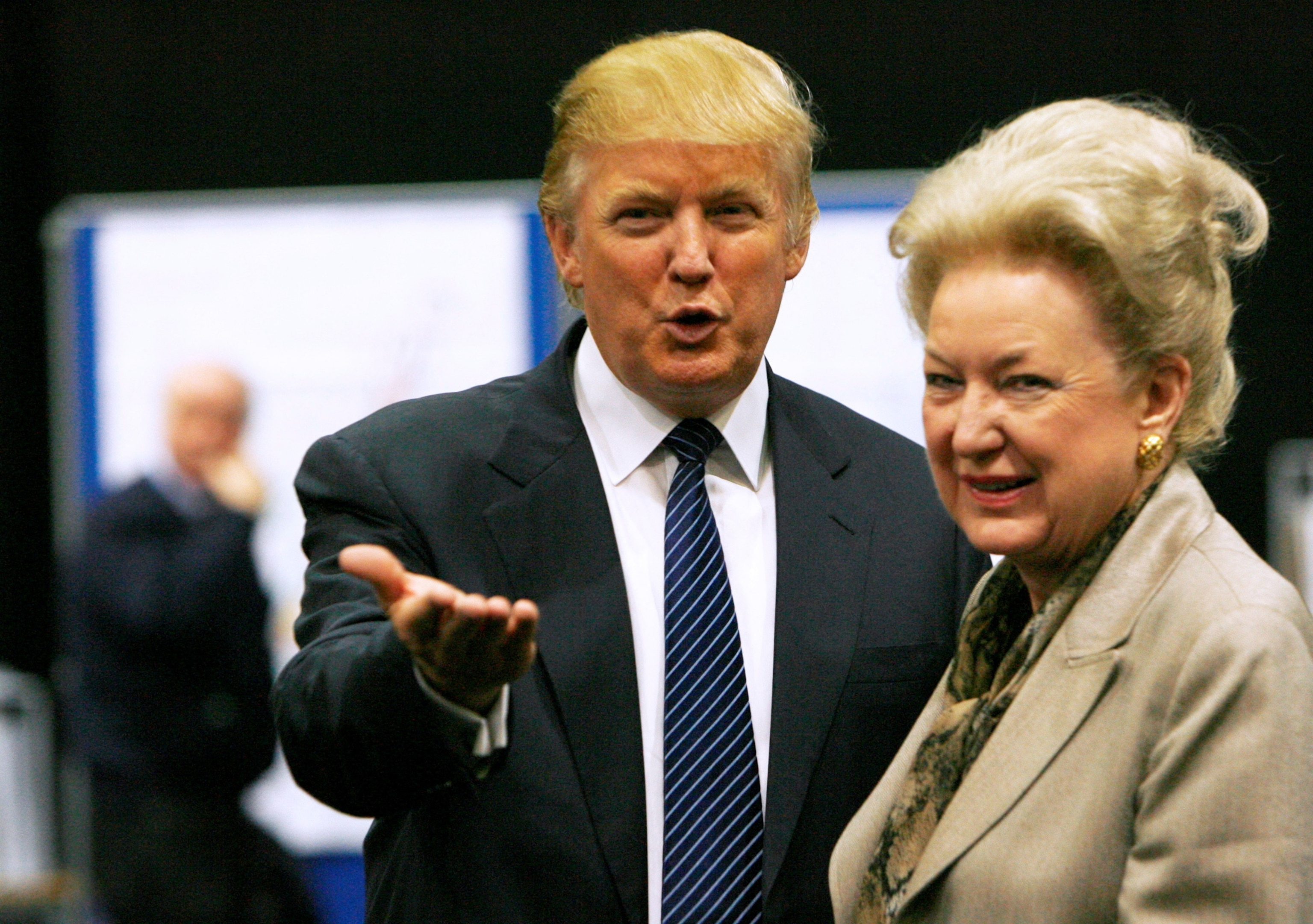 PHOTO: Donald Trump gestures as he stands next to his sister Maryanne Trump Barry, during a break in proceedings of the Aberdeenshire Council inquiry into his plans for a golf resort, Aberdeen, northeast Scotland, June 10, 2008.
