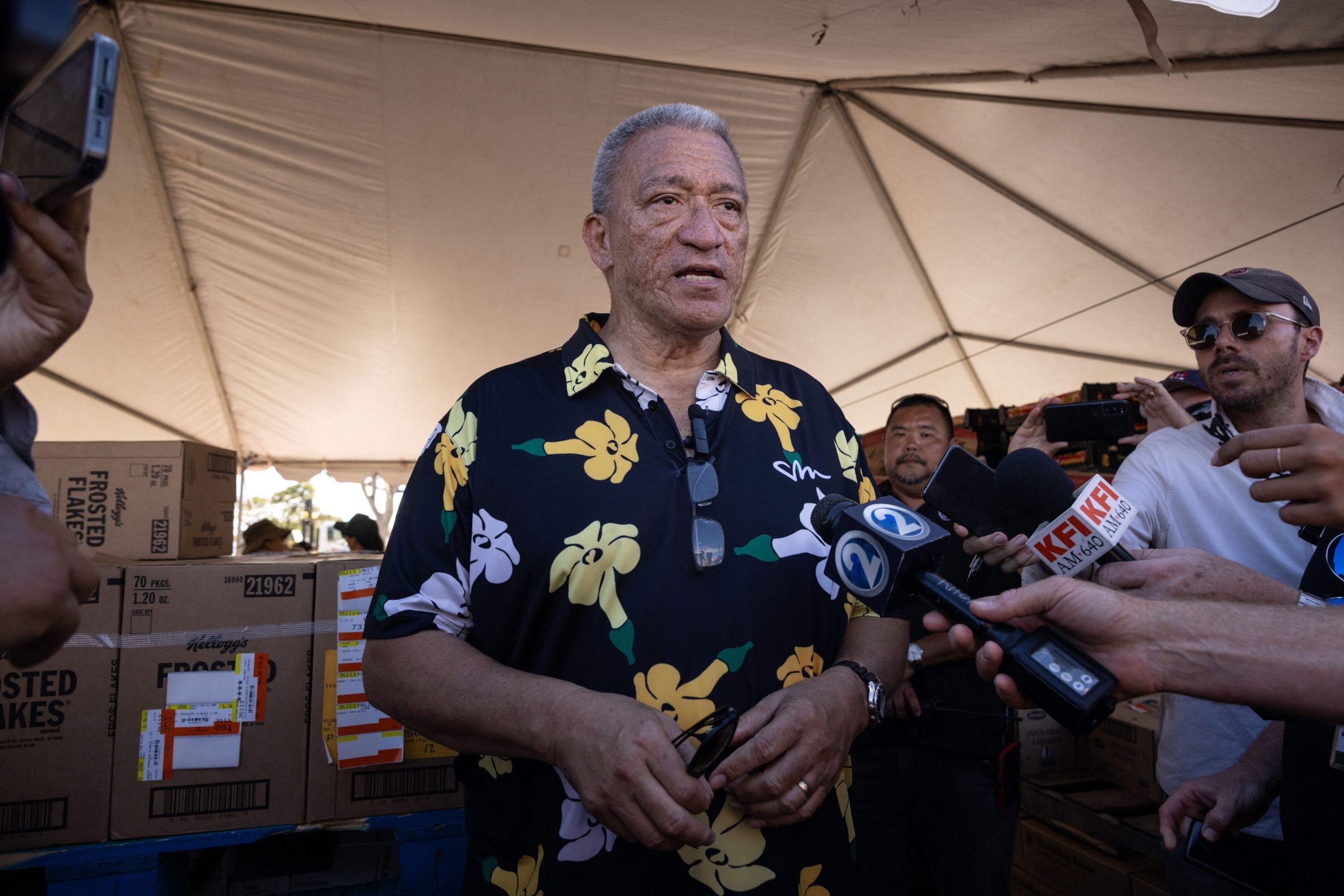 PHOTO: Maui County Mayor Richard Bissen speaks during a press conference after visiting a distribution center in the aftermath of the Maui wildfires in Lahaina, Hawaii, on Aug. 18, 2023. 