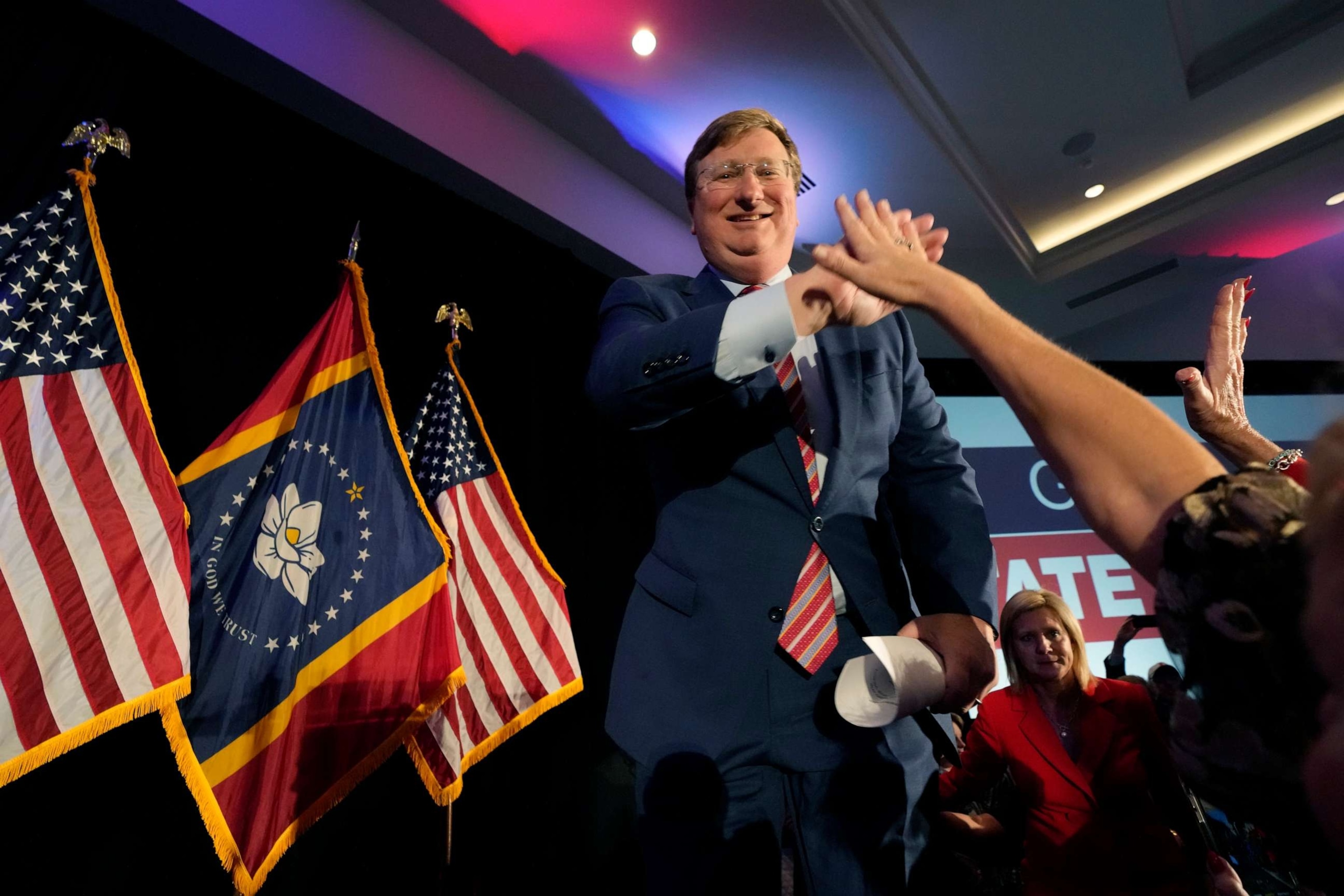 PHOTO: Mississippi Republican Gov. Tate Reeves greets supporters before addressing them at his gubernatorial reelection watch party in Flowood, Miss., Nov. 7, 2023.