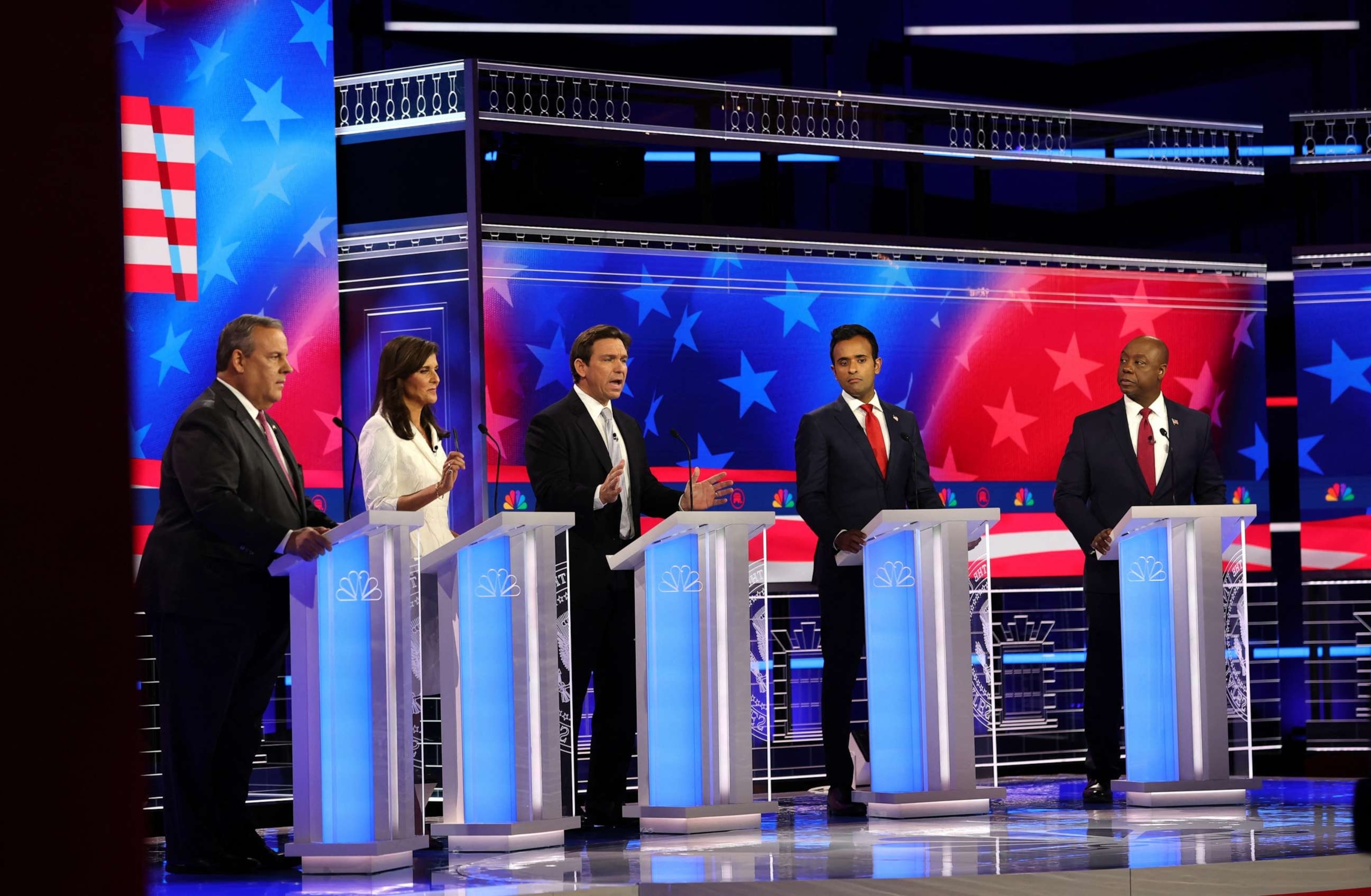 PHOTO: Former Gov. of New Jersey Chris Christie, former UN ambassador Nikki Haley, Florida Gov. Ron DeSantis, Vivek Ramaswamy, and Senator from South Carolina Tim Scott attend the third Republican presidential primary debate in Miami, Nov. 8, 2023.