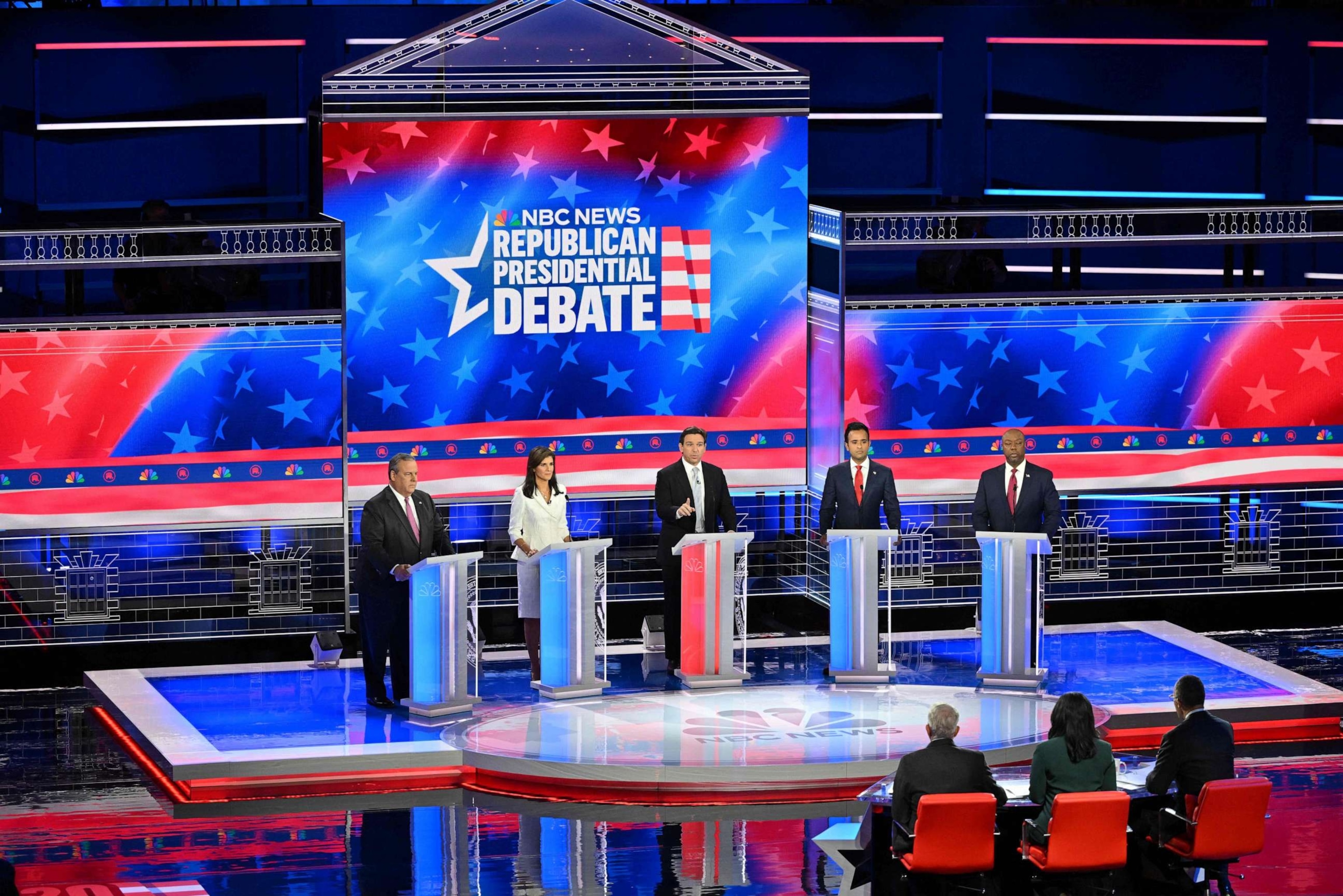 PHOTO: Former Gov. of New Jersey Chris Christie, former UN ambassador Nikki Haley, Florida Gov. Ron DeSantis, Vivek Ramaswamy, and Senator from South Carolina Tim Scott attend the third Republican presidential primary debate in Miami, Nov. 8, 2023.