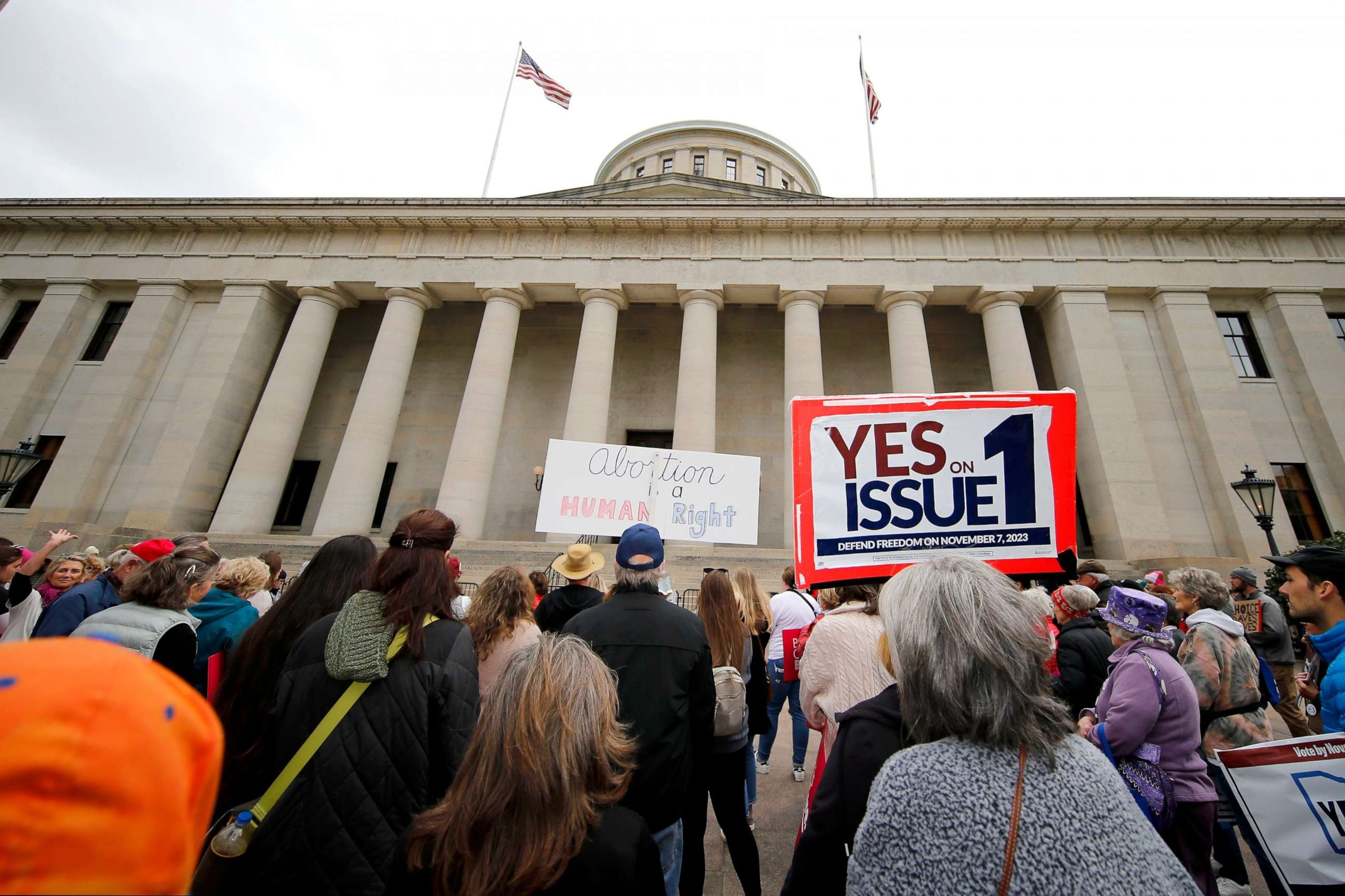 PHOTO: Supporters of Issue 1 attend a rally for the Right to Reproductive Freedom amendment held by Ohioans United for Reproductive Rights at the Ohio State House in Columbus, Ohio, Oct. 8, 2023.
