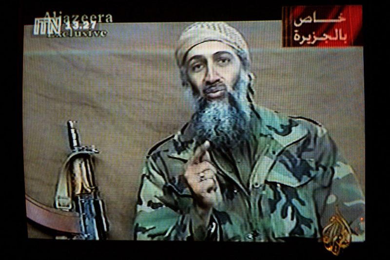 399035 01: A videotape released by Al-Jazeera TV featuring Osama Bin Laden is broadcast in Britain December 27, 2001. The tape, estimated to have been recorded two weeks earlier, shows Bin Laden describing the World Trade Center attack as "commendable," calling it "benevolent terrorism" designed to raise the issue of Israeli attacks on Palestinians. (Photo by Getty Images)