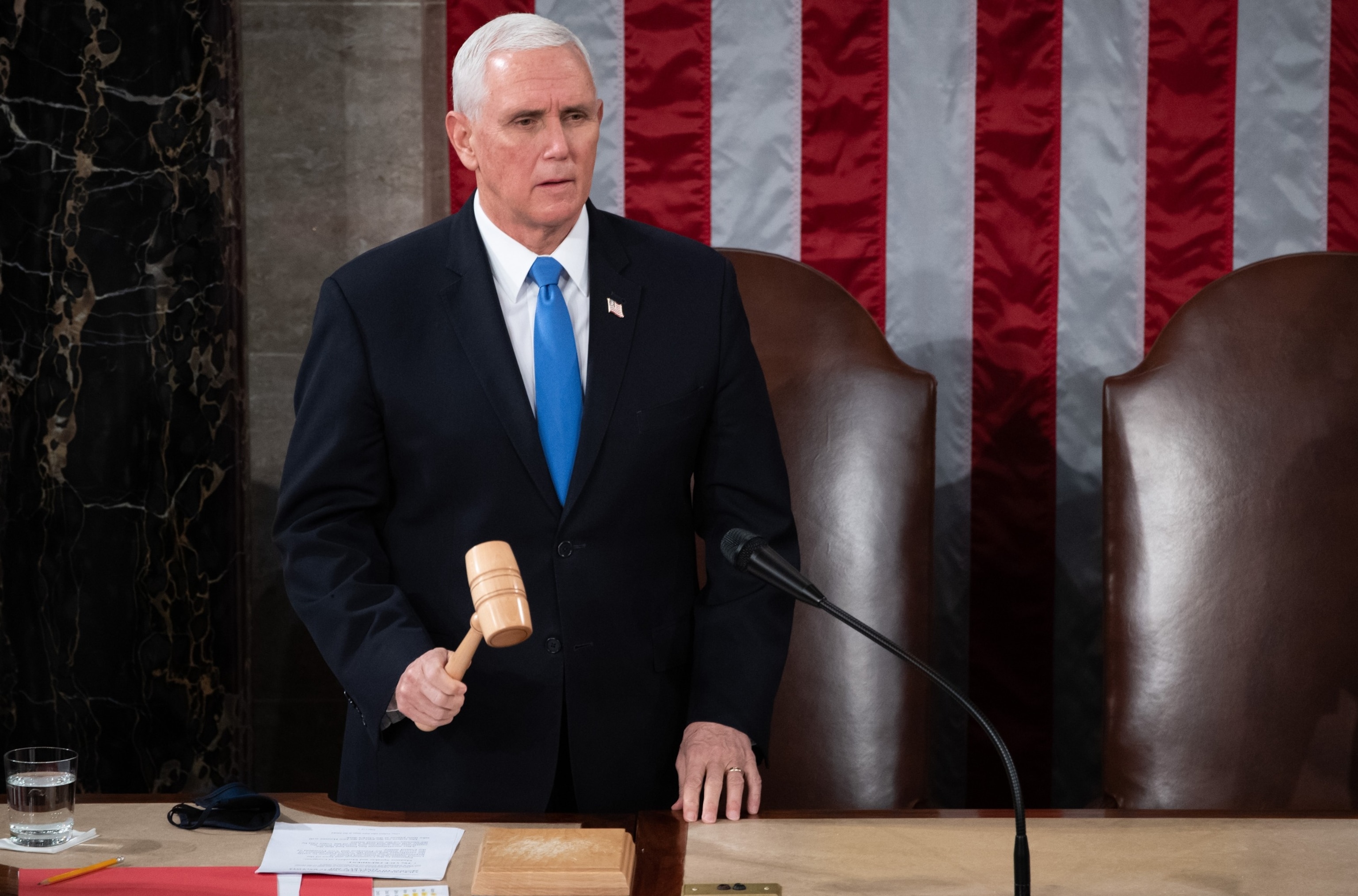 PHOTO: In this Jan. 6, 2021 file photo Vice President Pence speaks during a joint session of Congress to count the Electoral College votes of the 2020 presidential election in the House Chamber in Washington, D.C.