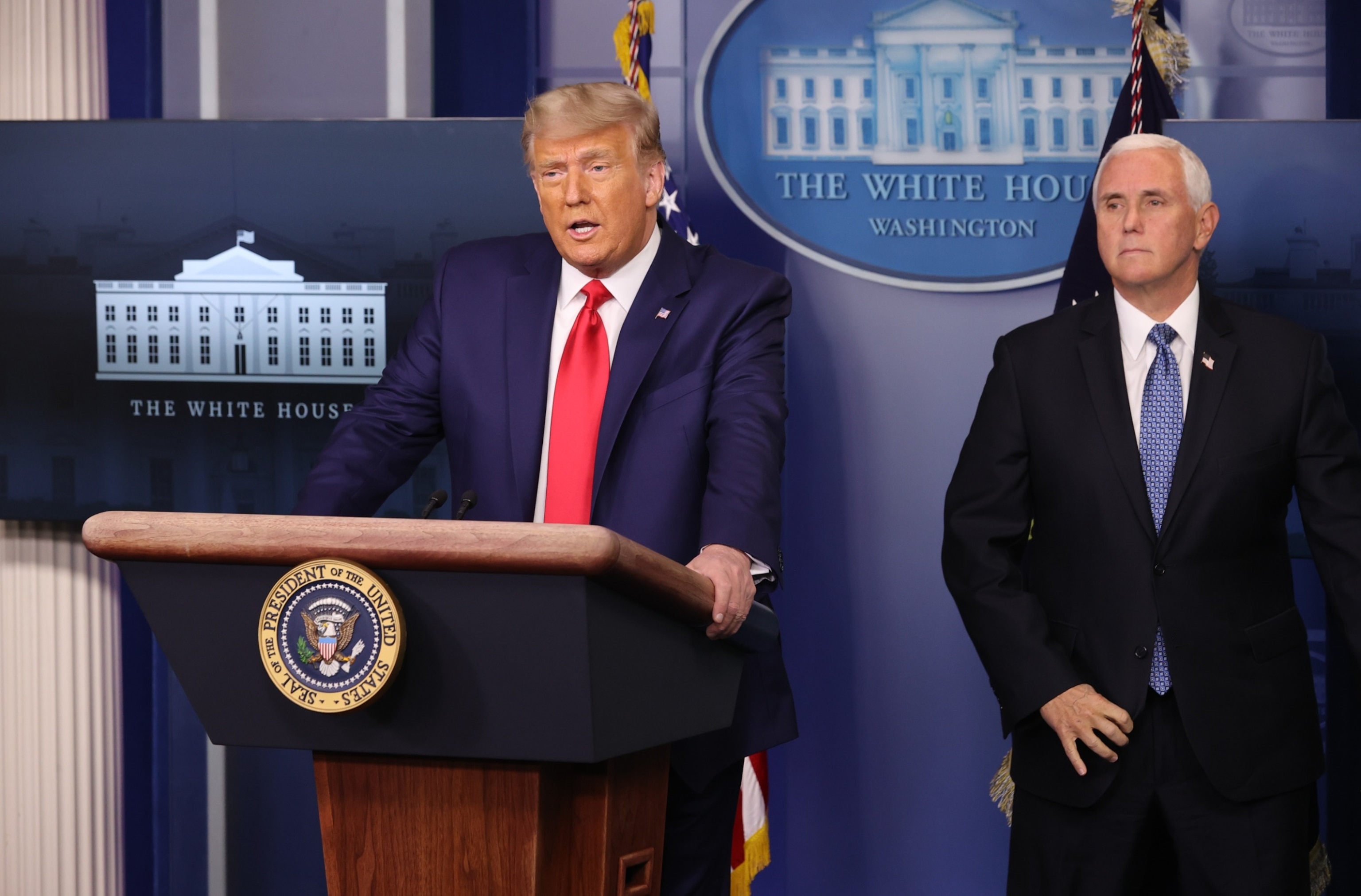 PHOTO: In this Nov. 24, 2020 file photo President Donald Trump and Vice President Mike Pence prepare to speak to the press in the James Brady Press Briefing Room at the White House on in Washington, D.C.