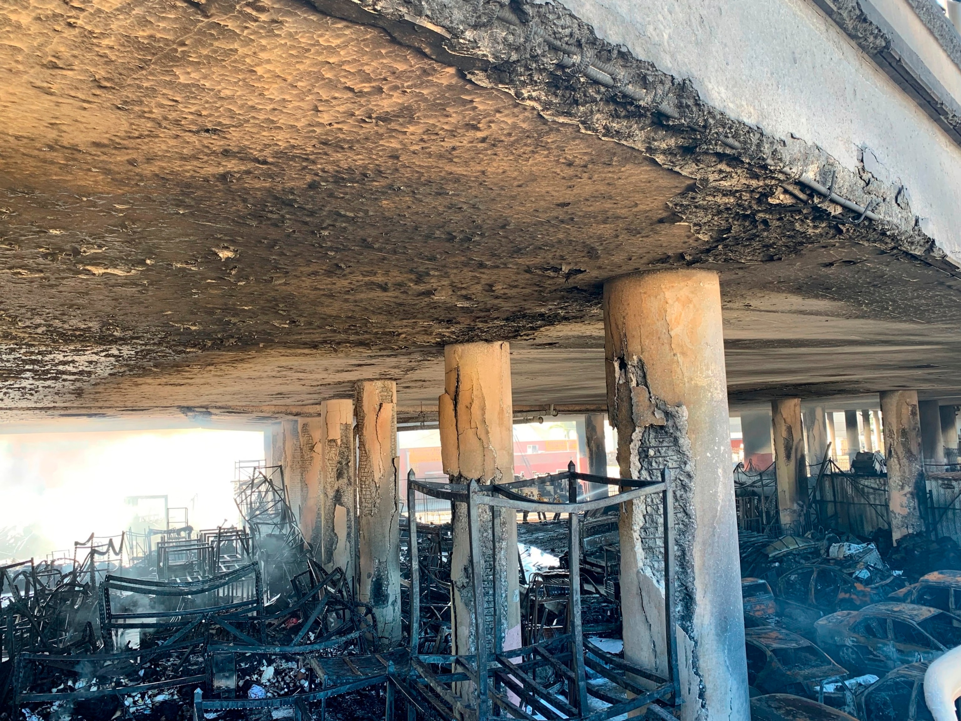 PHOTO: This photo provided by the California Department of Transportation shows the damage of columns from an intense fire under Interstate 10 that severely damaged the overpass in an industrial zone near downtown Los Angeles, on Nov. 11, 2023. 