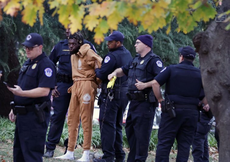 WASHINGTON, DC - NOVEMBER 07: U.S. Capitol Police arrest an unidentified individual who was in possession of a firearm outside of the U.S. Capitol Building on November 07, 2023 in Washington, DC. Capitol Hill Police responded to a suspicious package alert and arrested a man armed with gun outside U.S. Capitol Building. (Photo by Alex Wong/Getty Images)