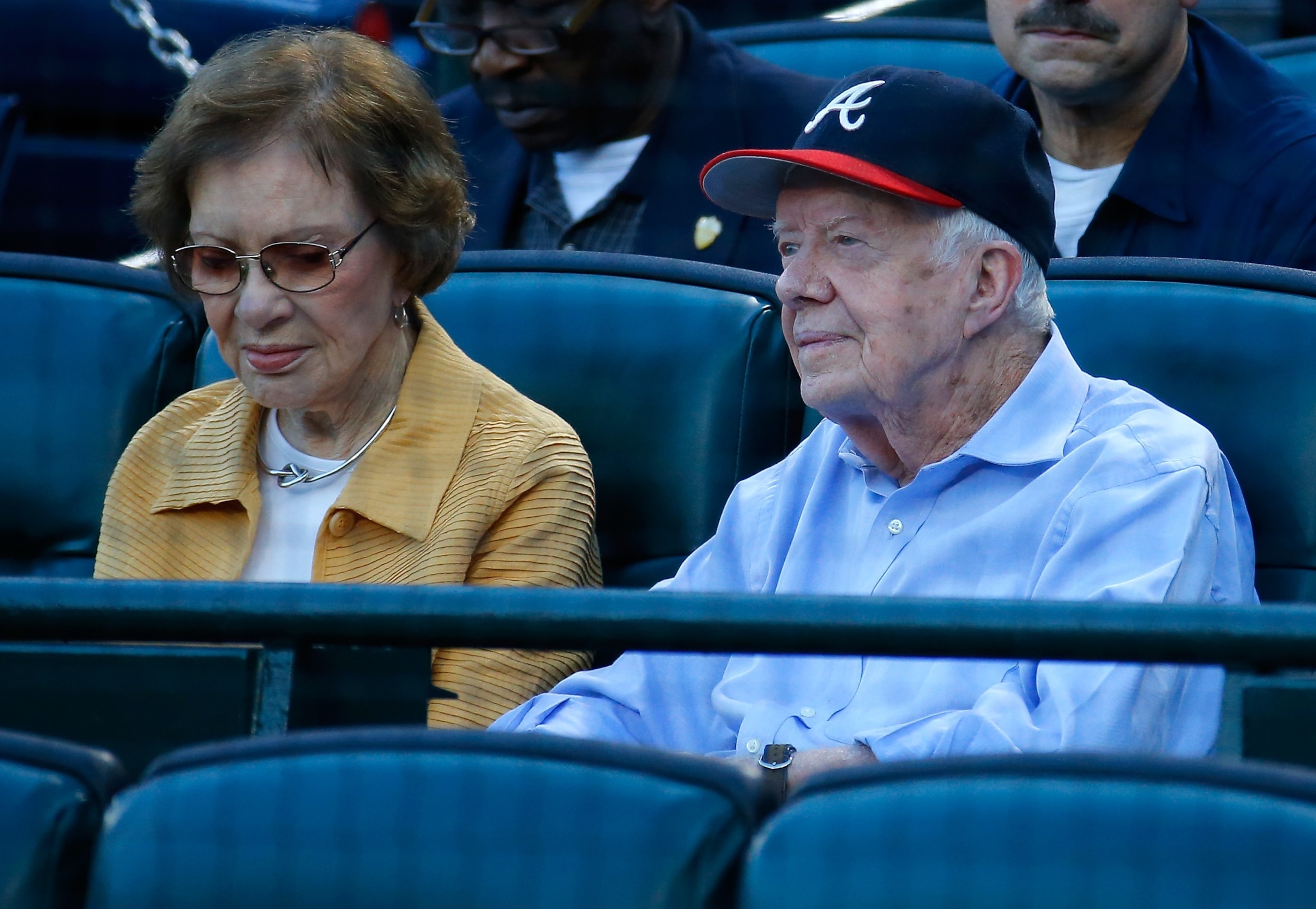 PHOTO: Former President Jimmy Carter and his wife Rosalynn look on prior to the game between the Atlanta Braves and the Toronto Blue Jays, Sept. 17, 2015 in Atlanta.