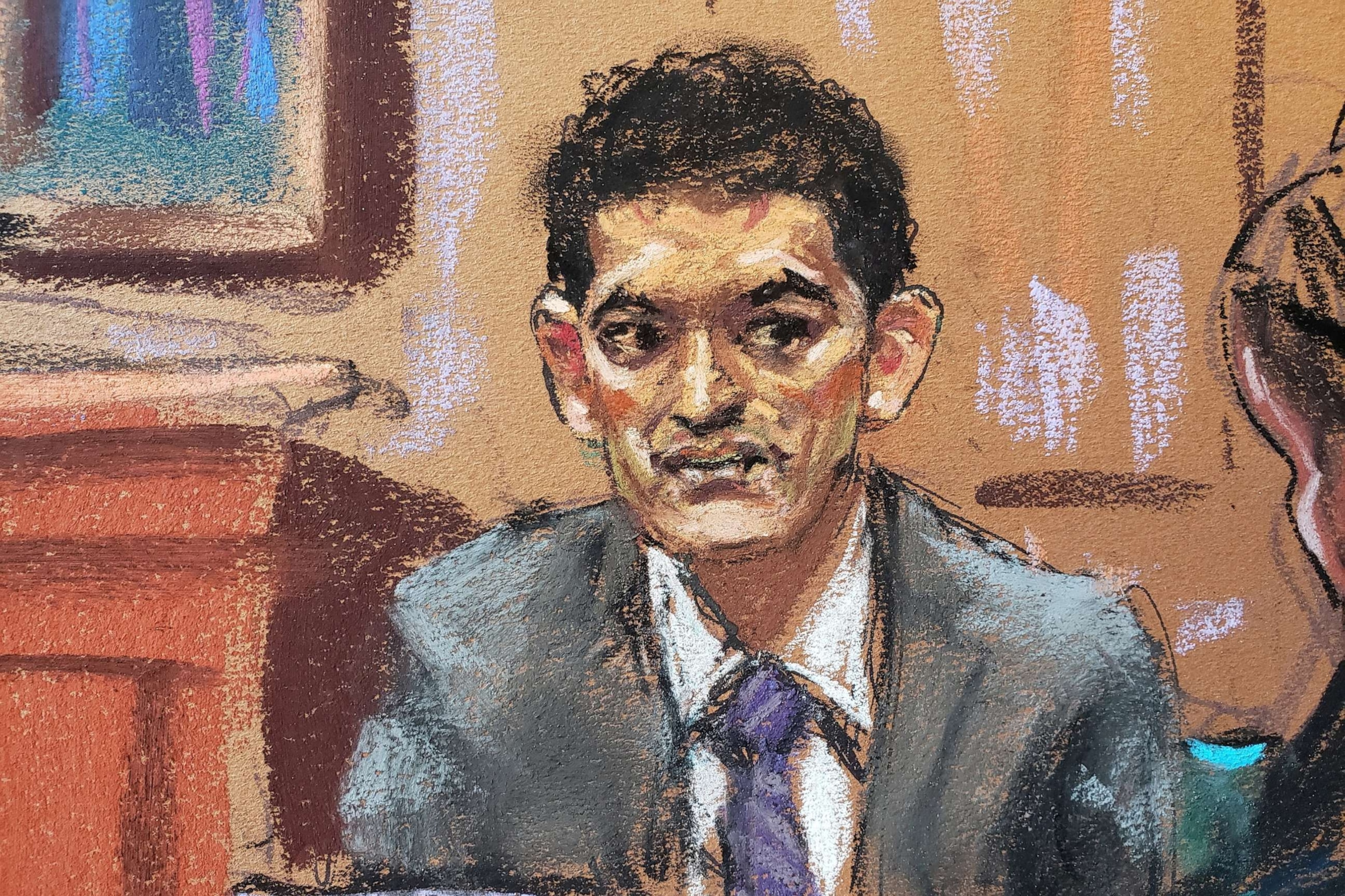 PHOTO: FTX founder Sam Bankman-Fried is questioned by defense lawyer Mark Cohen as he testifies in his fraud trial over the collapse of the bankrupt cryptocurrency exchange, at federal court in New York, Oct. 30, 2023, in this courtroom sketch.