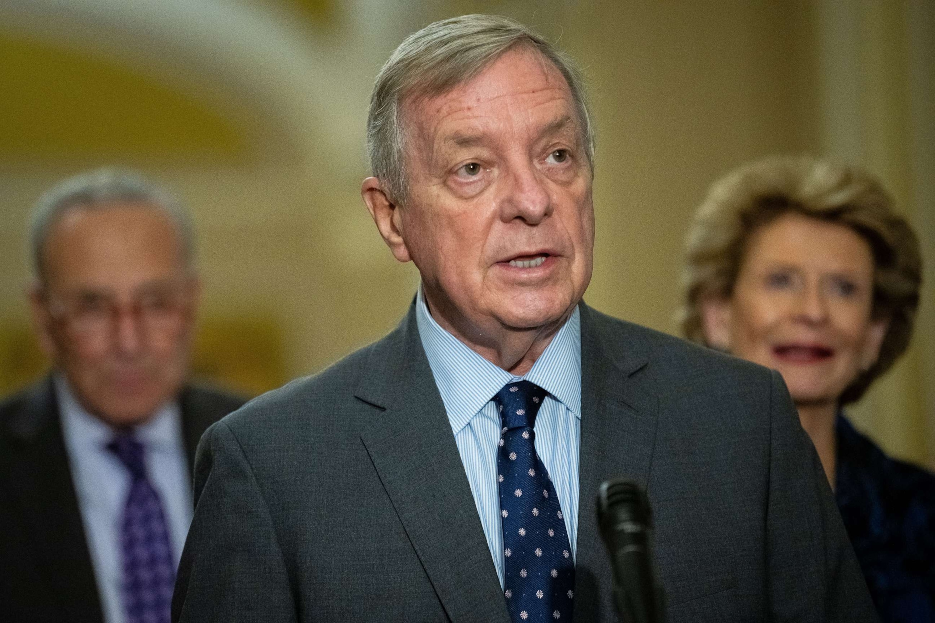 PHOTO: Senator Dick Durbin, a Democrat from Illinois, speaks during a news conference following the weekly Democratic caucus luncheon at the US Capitol in Washington, DC, Sept. 6, 2023.