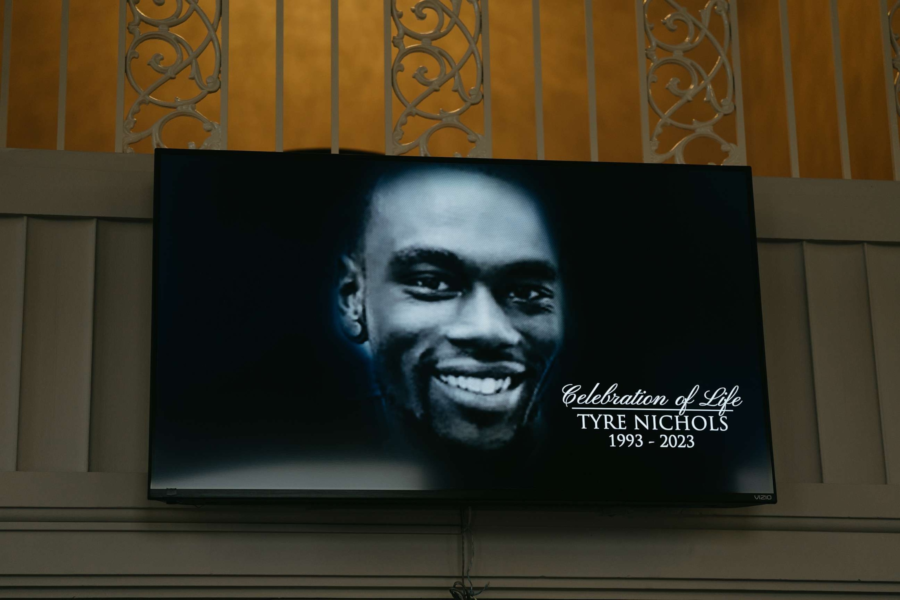 PHOTO: A screen at the entrance of Mississippi Boulevard Christian Church displays the celebration of life for Tyre Nichols, Feb. 1, 2023, in Memphis, Tenn.