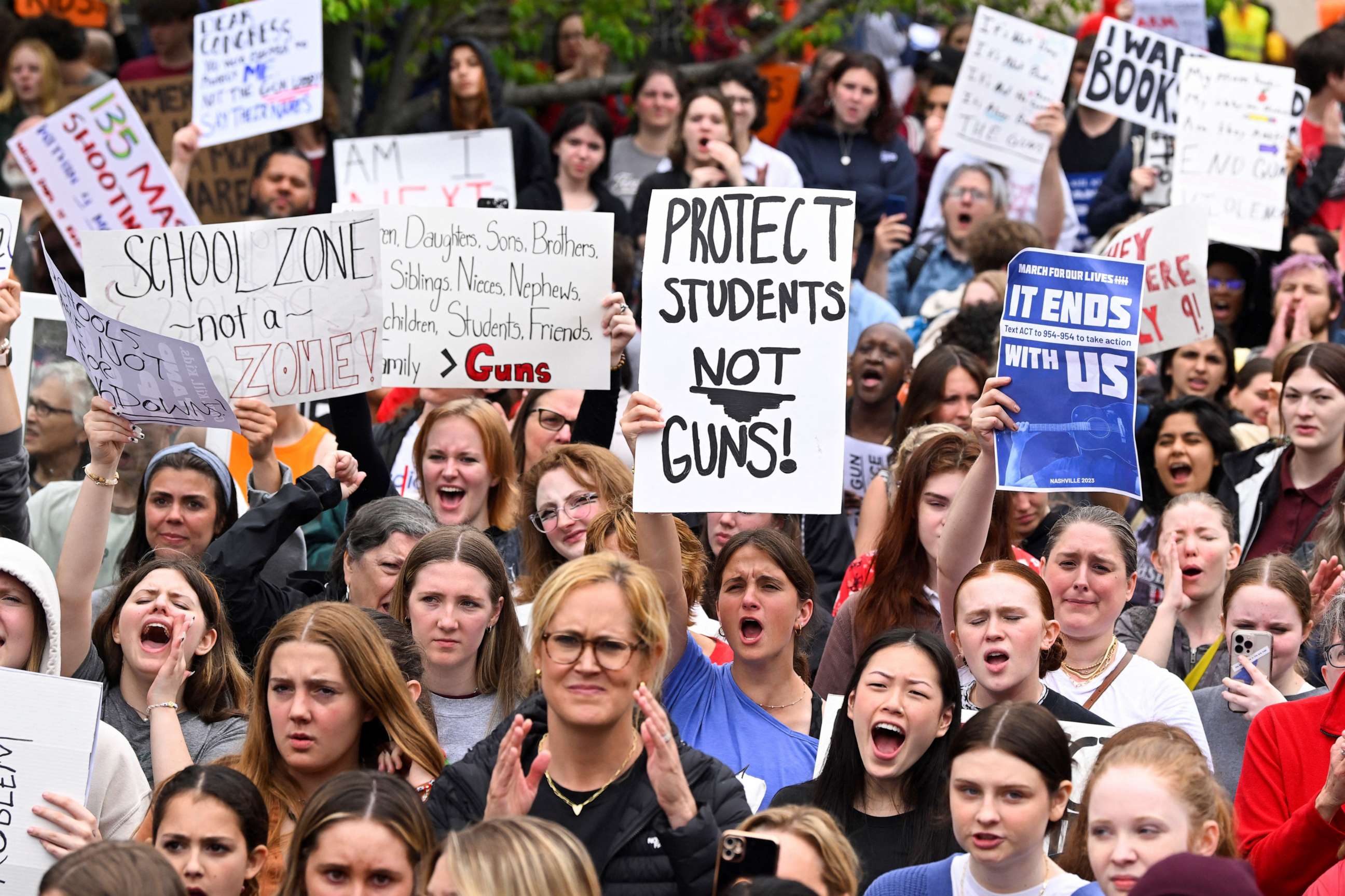 PHOTO: Anti-gun demonstrators protest at the Tennessee Capitol for stricter gun laws in Nashville, Tenn., on April 3, 2023.